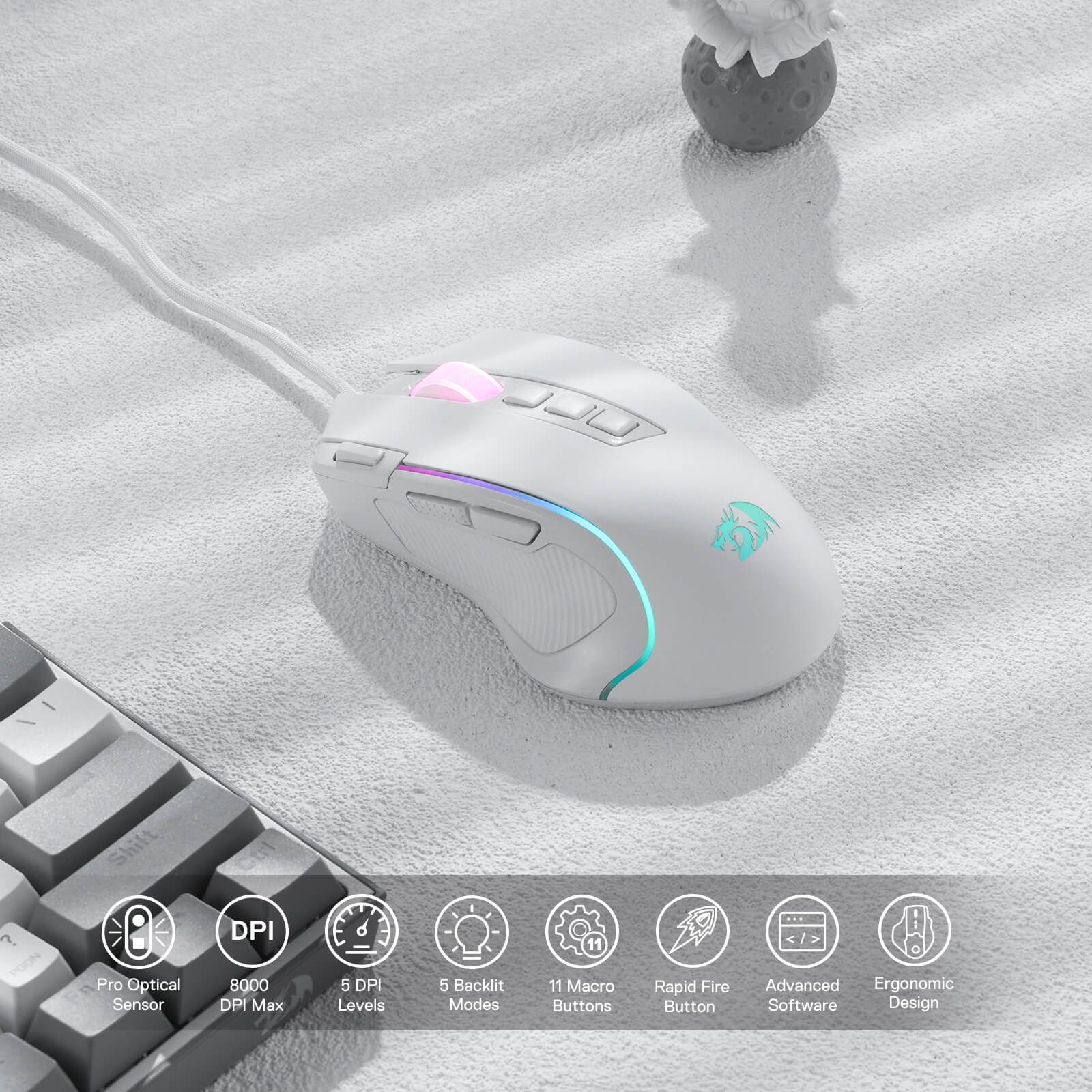 Tetikus Permainan RGB Predator Redragon M612, Tetikus Optik Berkabel 8000 DPI dengan 11 Butang Boleh Atur Cara & 5 Mod Berlampu Latar, Perisian Menyokong Butang Tembakan Pantas DIY