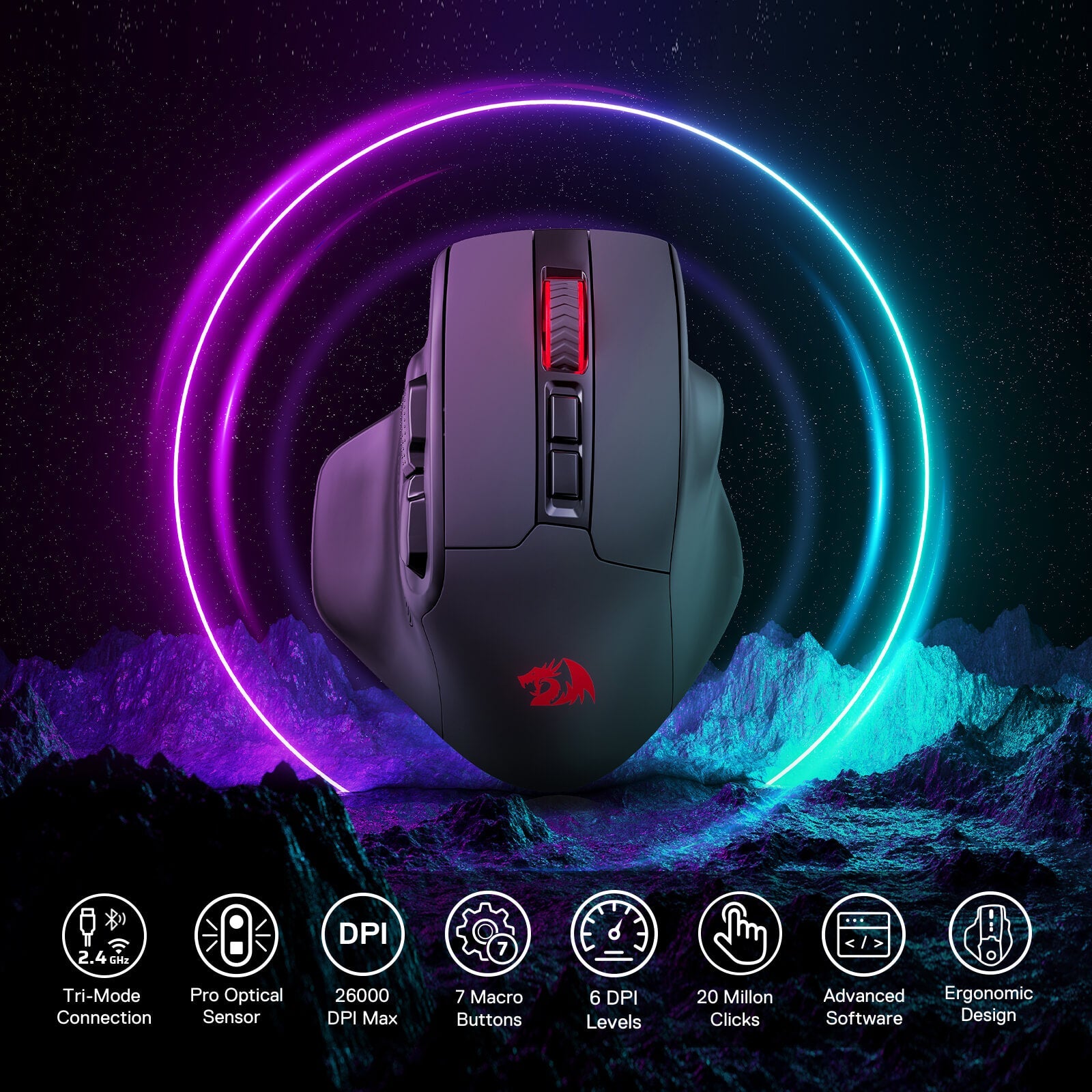 Tetikus Permainan Wayarles Redragon M806, 7 Butang Boleh Diprogramkan Tetikus Pemain RGB Berwayar dengan Sambungan 3 Mod, BT & Wayarles 2.4G, Binaan Genggaman Semula Jadi Ergonomik, Perisian Menyokong Ikatan Kunci & Lampu Latar DIY