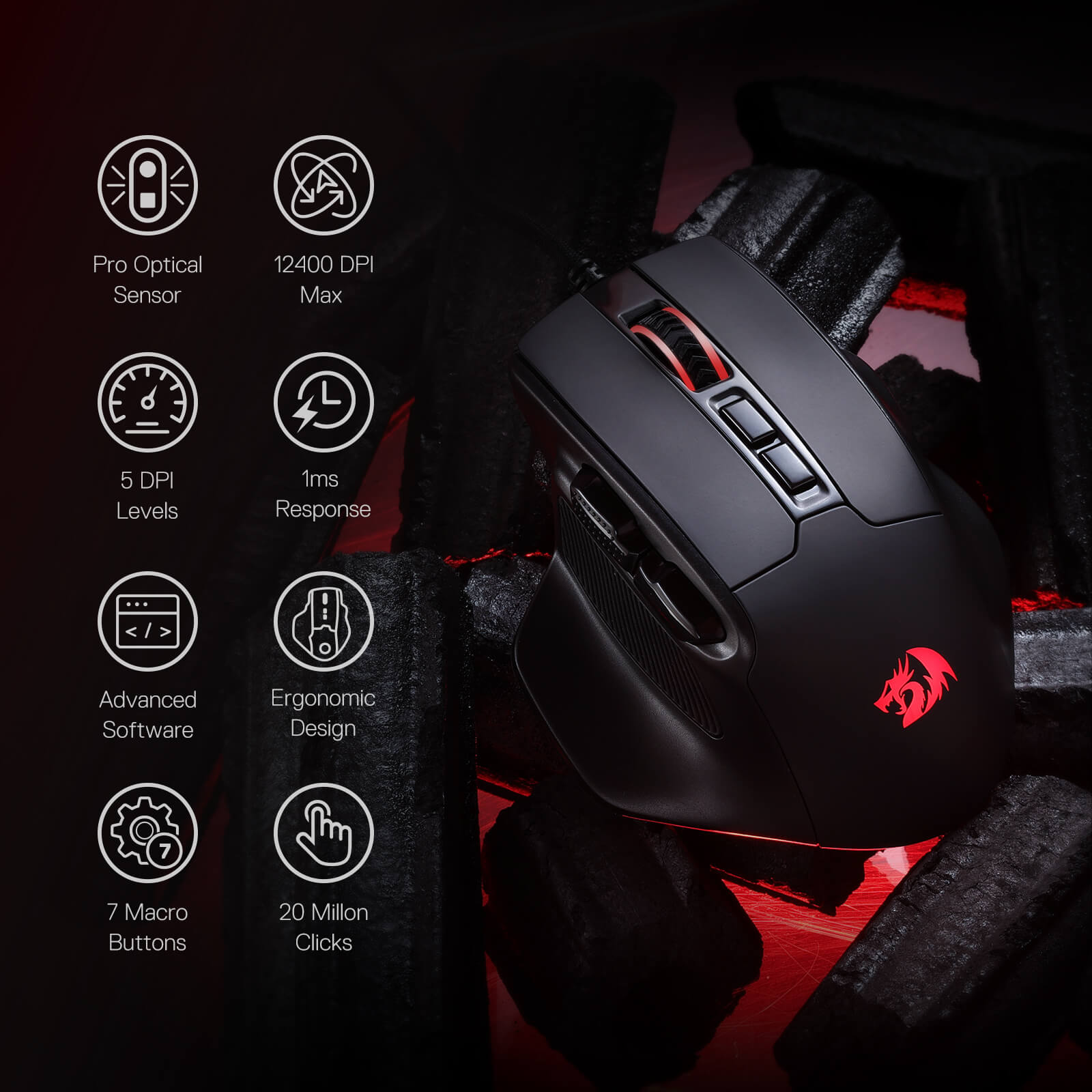 Redragon M806 Bullseye Gaming Mouse, 7 Butang Boleh Atur Cara Tetikus Gamer RGB Berwayar dengan Binaan Genggaman Semula Jadi Ergonomik, Perisian Menyokong Ikatan Kunci DIY & Berlampu Belakang