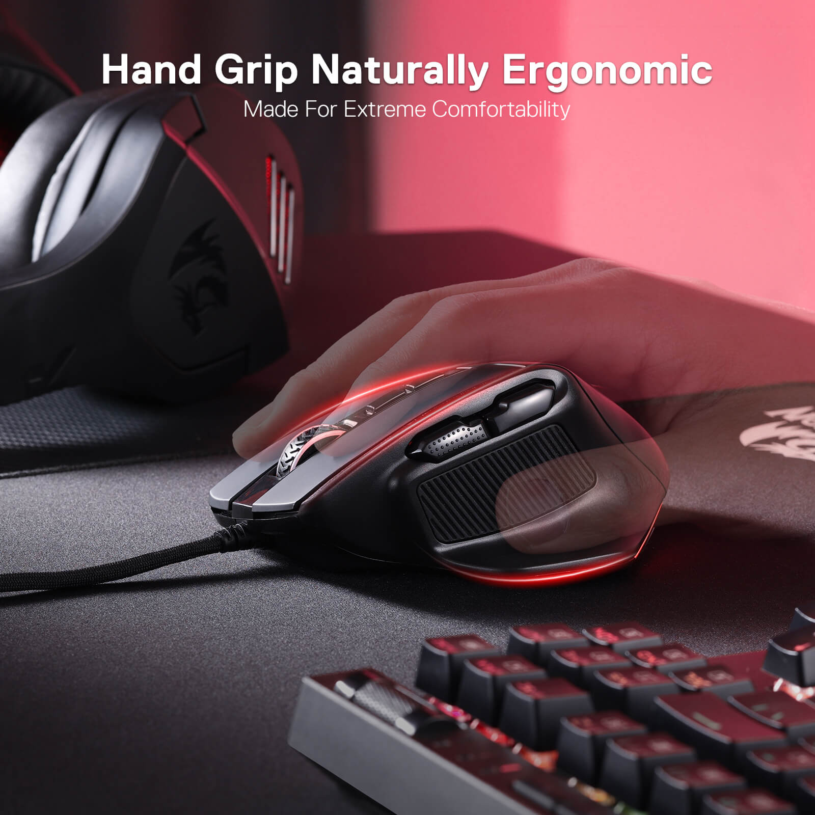 Redragon M806 Bullseye Gaming Mouse, 7 Butang Boleh Atur Cara Tetikus Gamer RGB Berwayar dengan Binaan Genggaman Semula Jadi Ergonomik, Perisian Menyokong Ikatan Kunci DIY & Berlampu Belakang
