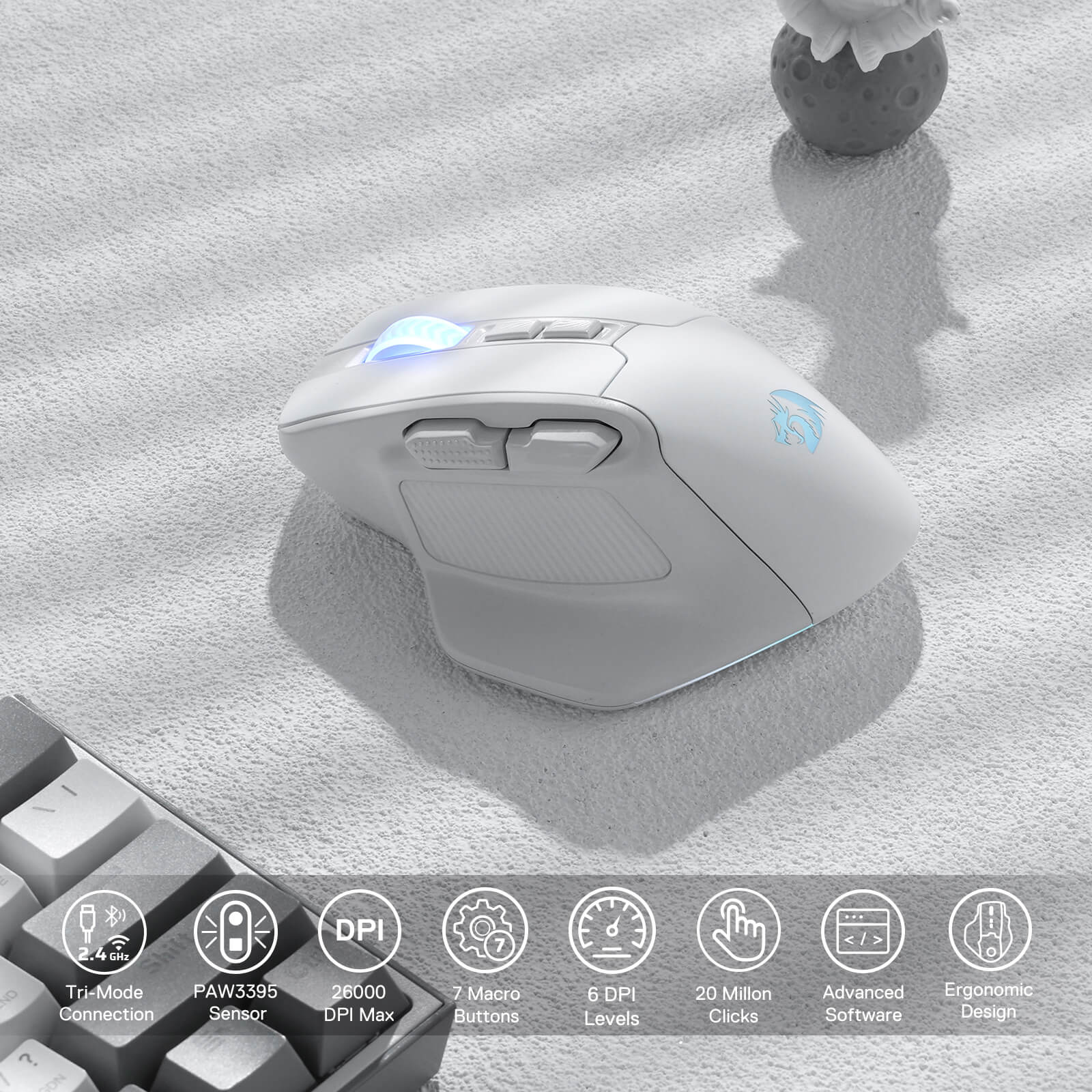Tetikus Permainan Wayarles Redragon M806, 7 Butang Boleh Diprogramkan Tetikus Pemain RGB Berwayar dengan Sambungan 3 Mod, BT & Wayarles 2.4G, Binaan Genggaman Semula Jadi Ergonomik, Perisian Menyokong Ikatan Kunci & Lampu Latar DIY