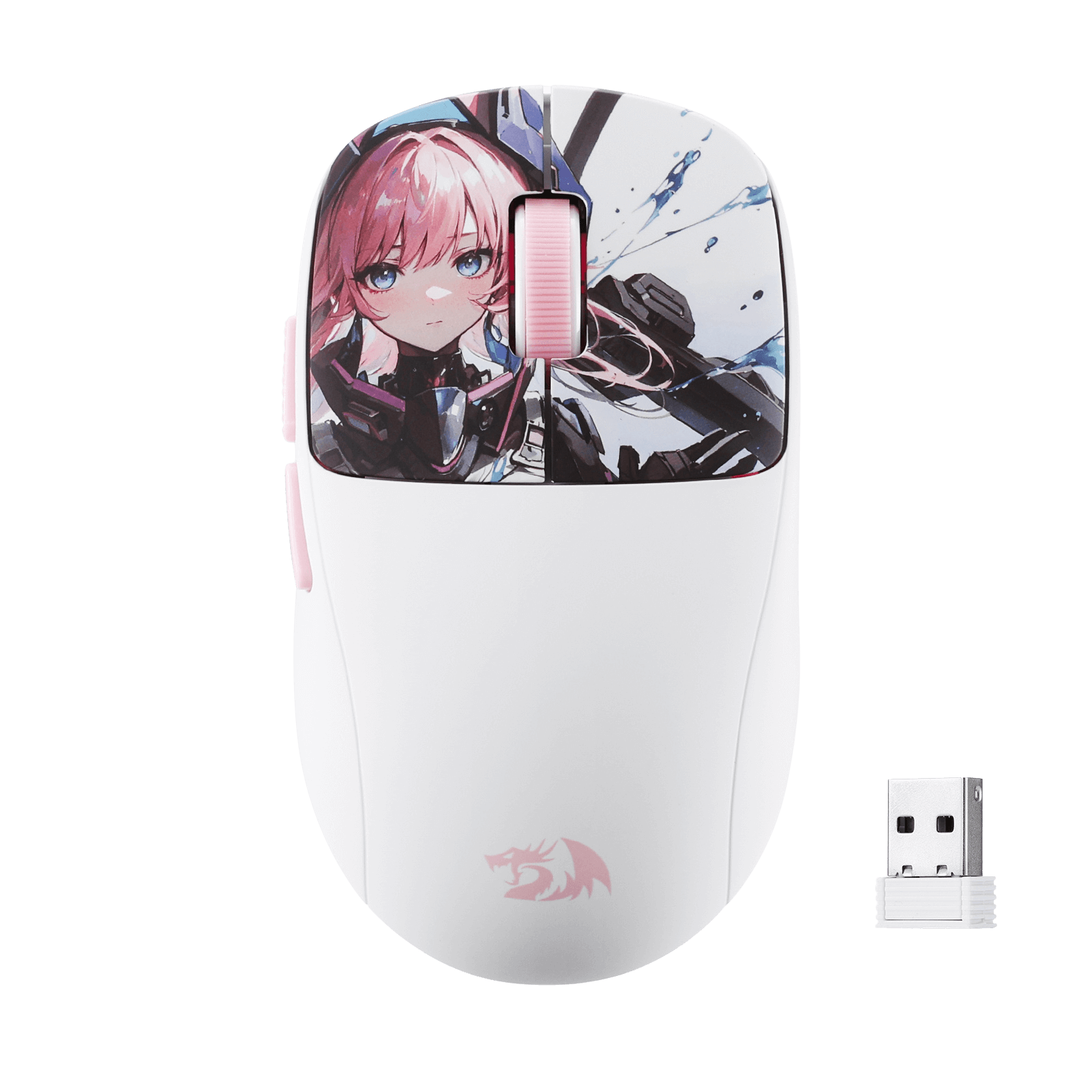 Redragon Anime M817 PRO White gaming mouse with anime character design on a black background