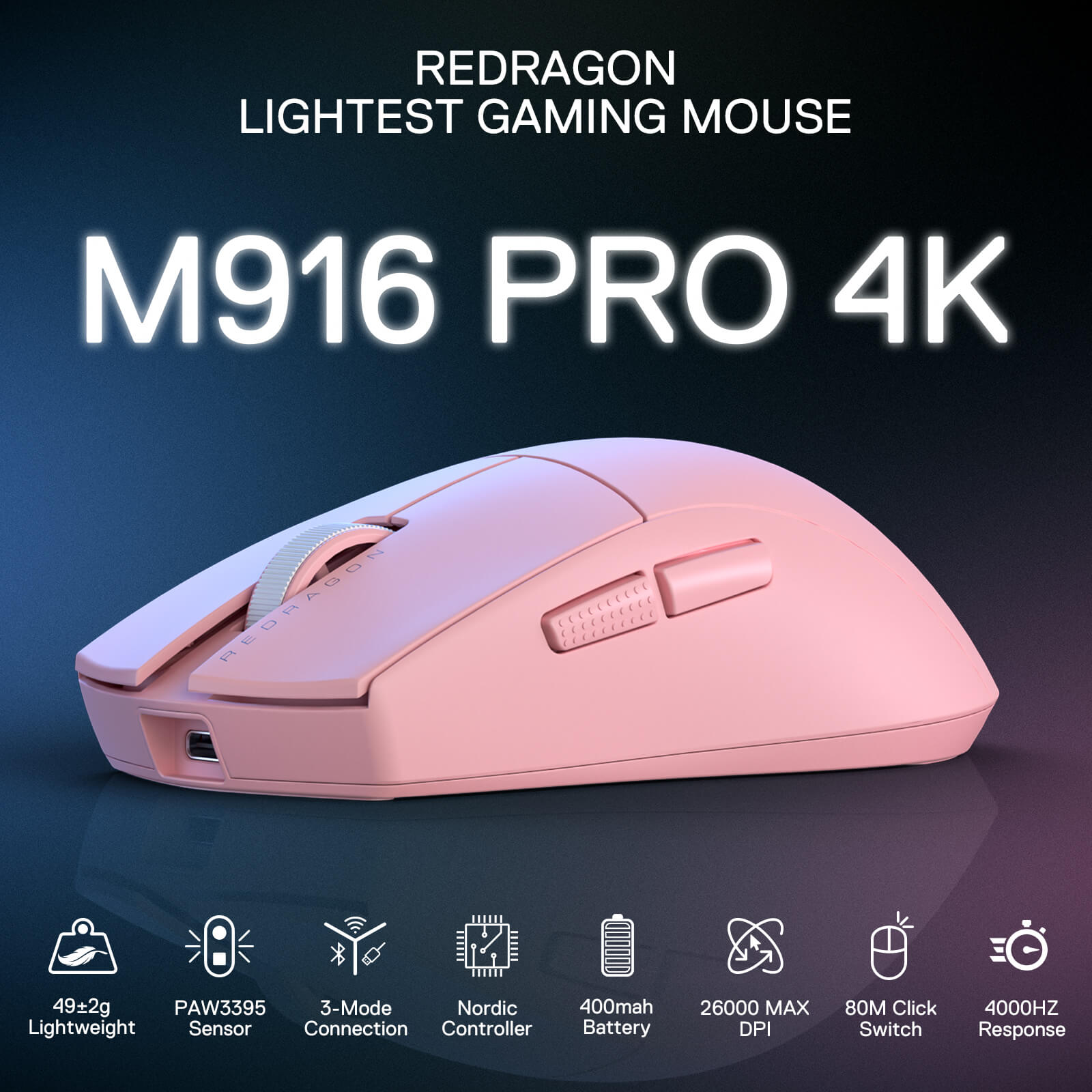 Redragon M916 PRO 3-Mode Wireless Gaming Mouse, Hype-Speed 4K Polling Rate