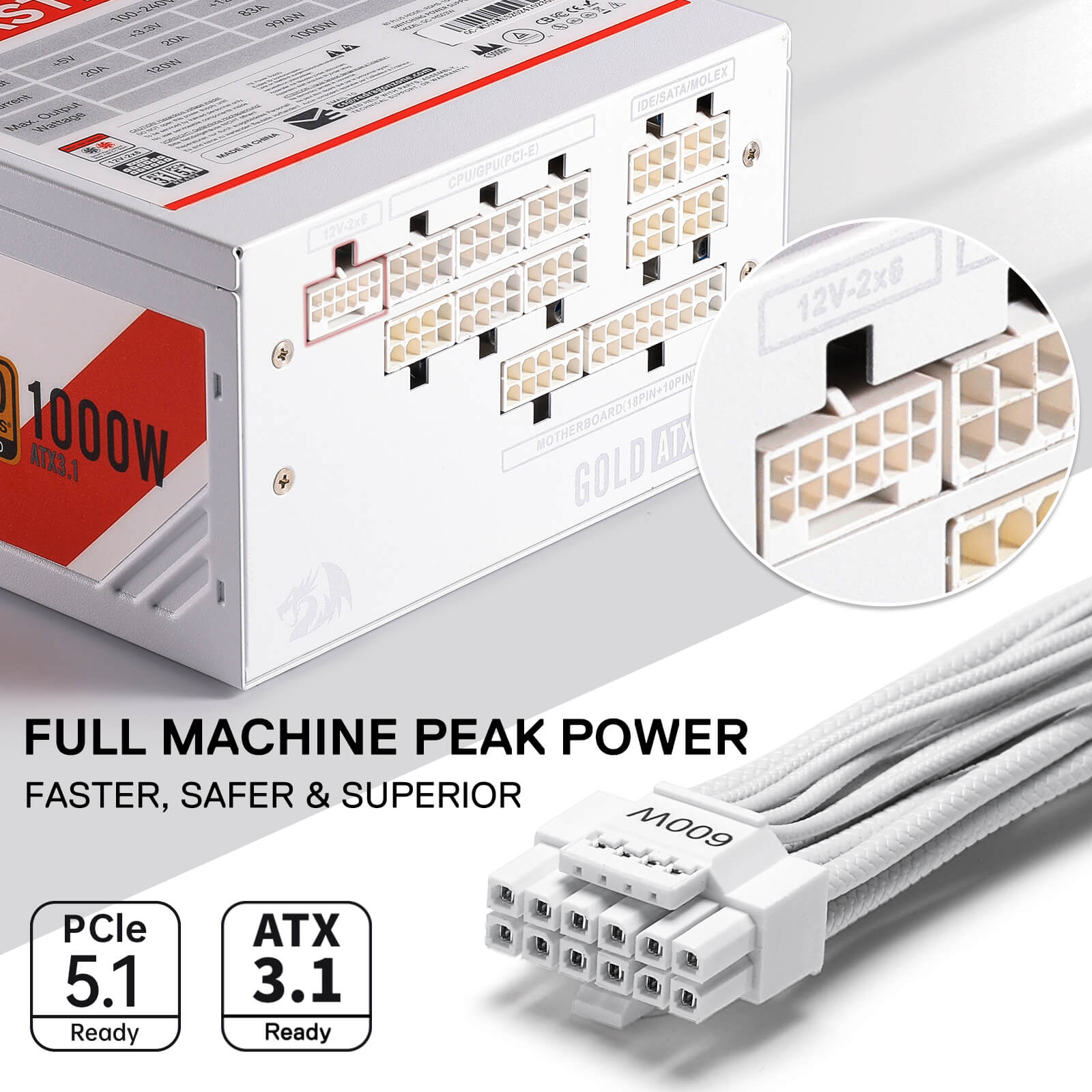 Redragon RGMS-1000W PRO 80+ Gold 1000 Watt Power Supply w/Upgraded ATX 3.1 & PCIe 5.1 Fully Modular, Compact 150mm Size, Smart ECO Low Noise Fan, 100% Japanese Capacitors, Full Mod Cables