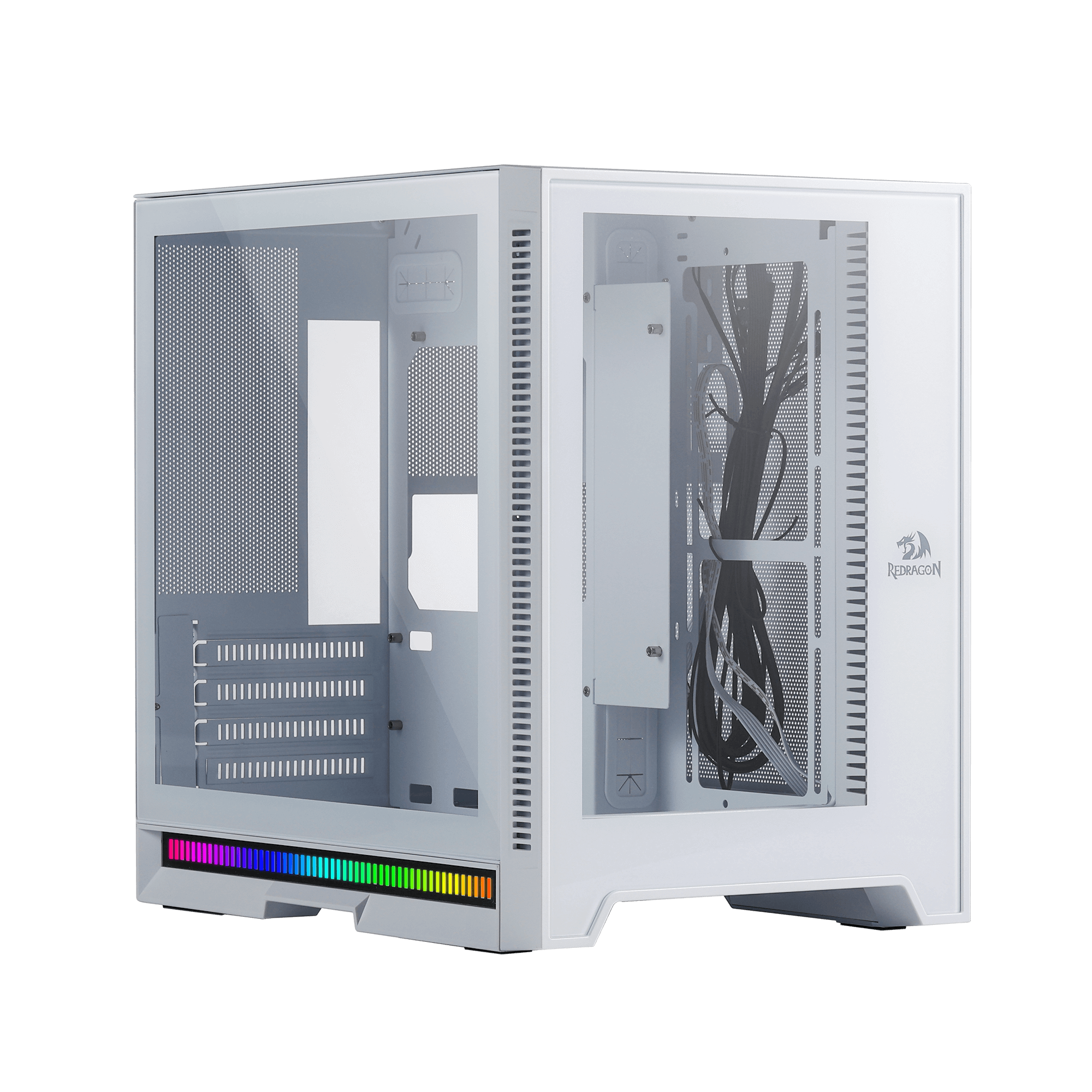 Sarung PC Permainan ITX Redragon MC211, Casis Komputer M-ATX dengan 2 Panel Kaca Terbaja & Panel Berlubang Aliran Udara Tinggi, Sokongan Radiator 240mm, Bar Lampu Penyegerakan Irama, Pengurusan Kabel Mudah, Putih