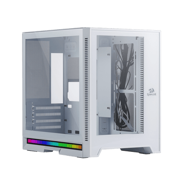 Sarung PC Permainan ITX Redragon MC211, Casis Komputer M-ATX dengan 2 Panel Kaca Terbaja & Panel Berlubang Aliran Udara Tinggi, Sokongan Radiator 240mm, Bar Lampu Penyegerakan Irama, Pengurusan Kabel Mudah, Putih