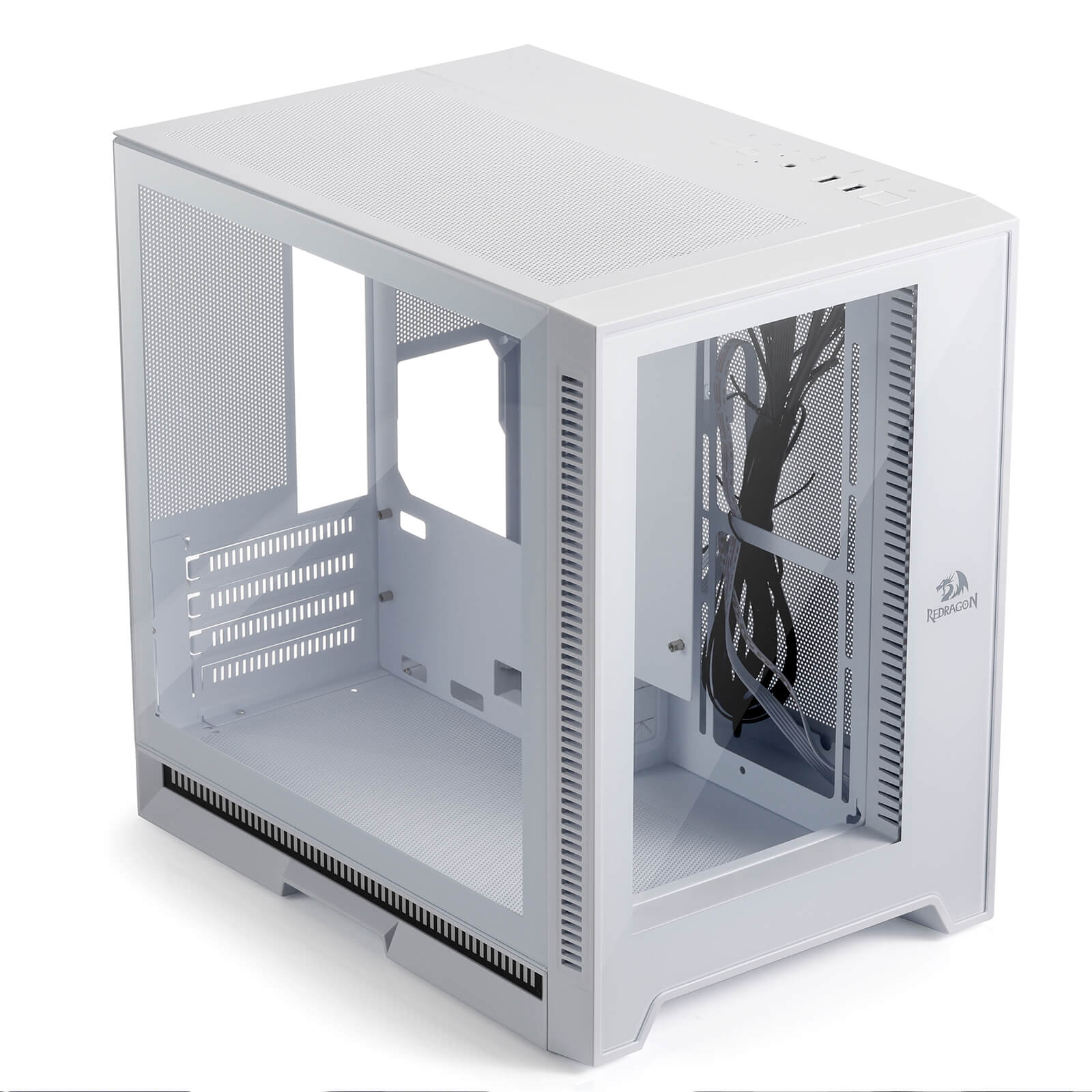 Sarung PC Permainan ITX Redragon MC211, Casis Komputer M-ATX dengan 2 Panel Kaca Terbaja & Panel Berlubang Aliran Udara Tinggi, Sokongan Radiator 240mm, Bar Lampu Penyegerakan Irama, Pengurusan Kabel Mudah, Putih
