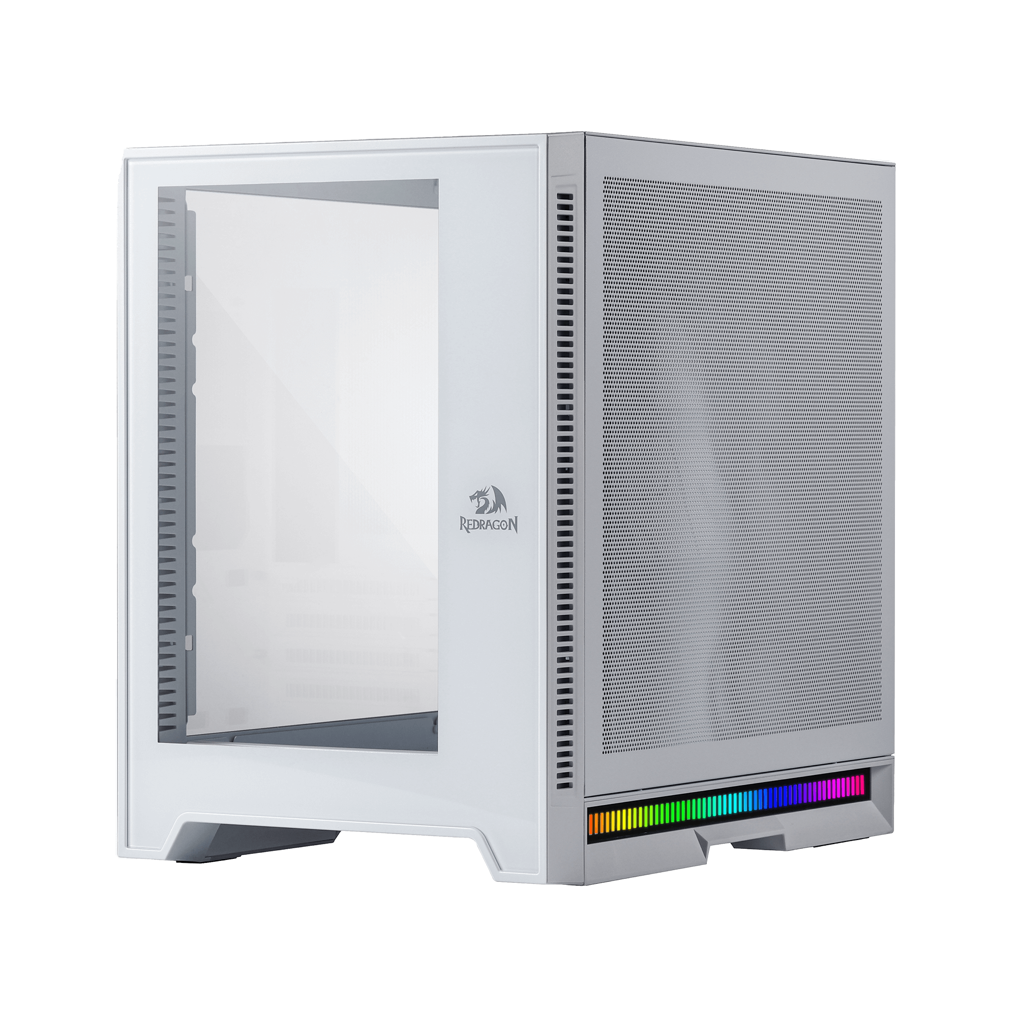 Sarung PC Permainan ITX Redragon MC211, Casis Komputer M-ATX dengan 2 Panel Kaca Terbaja & Panel Berlubang Aliran Udara Tinggi, Sokongan Radiator 240mm, Bar Lampu Penyegerakan Irama, Pengurusan Kabel Mudah, Putih