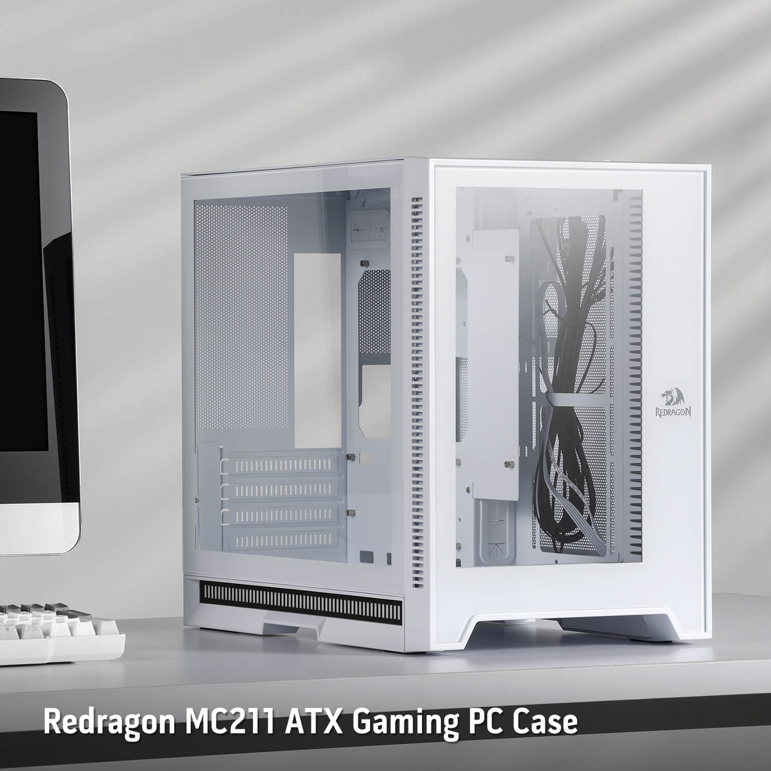 Sarung PC Permainan ITX Redragon MC211, Casis Komputer M-ATX dengan 2 Panel Kaca Terbaja & Panel Berlubang Aliran Udara Tinggi, Sokongan Radiator 240mm, Bar Lampu Penyegerakan Irama, Pengurusan Kabel Mudah, Putih