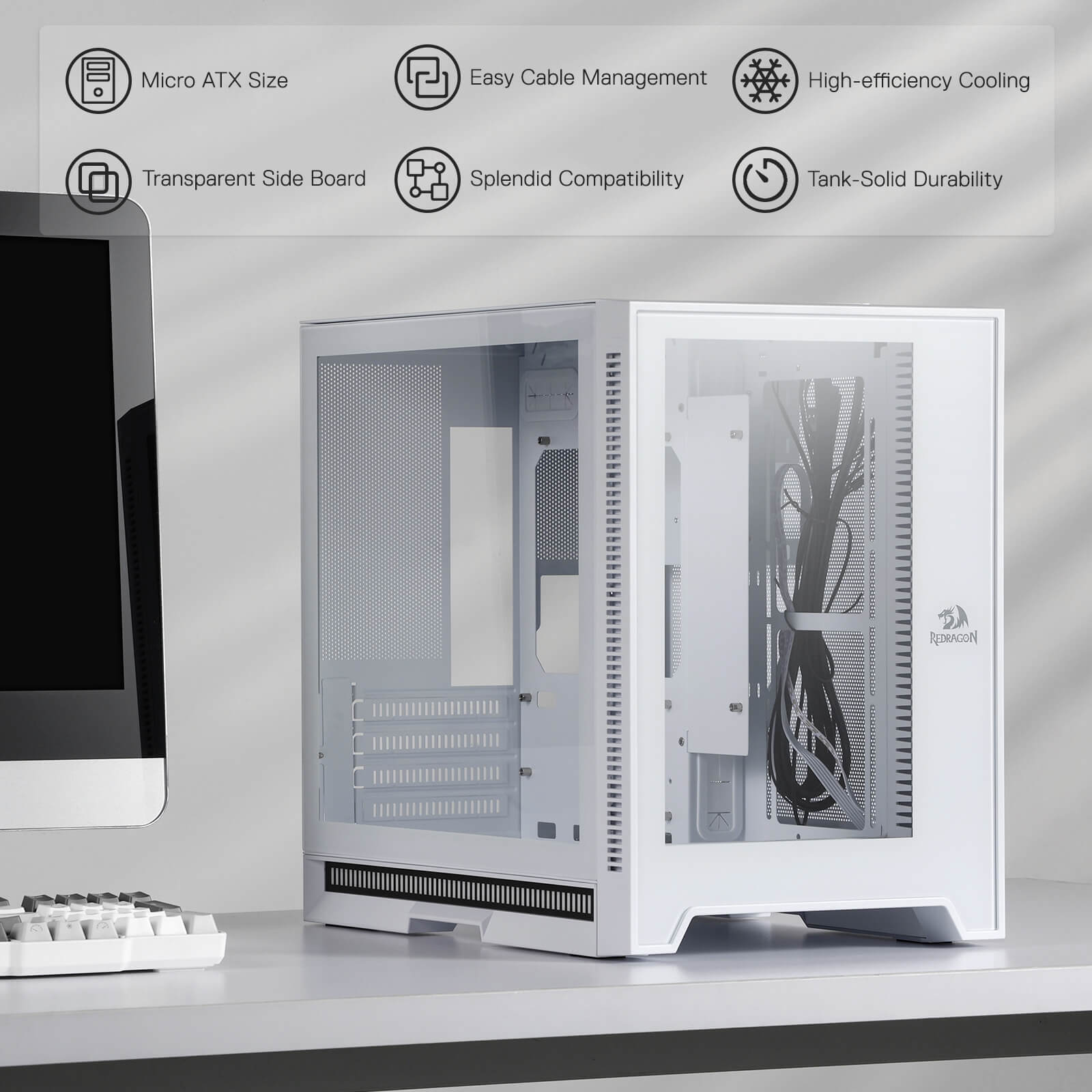 Sarung PC Permainan ITX Redragon MC211, Casis Komputer M-ATX dengan 2 Panel Kaca Terbaja & Panel Berlubang Aliran Udara Tinggi, Sokongan Radiator 240mm, Bar Lampu Penyegerakan Irama, Pengurusan Kabel Mudah, Putih