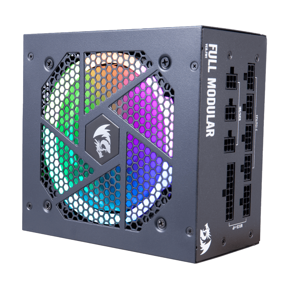 Redragon PSU007 80+ Emas 850 Watt ATX Bekalan Kuasa Modular Penuh dengan Pensijilan 80 Plus Emas, Saiz Kompak 160mm dan Kipas RGB Bunyi Rendah 0 RPM, 100% Kapasitor Jepun, Kabel Mod Penuh