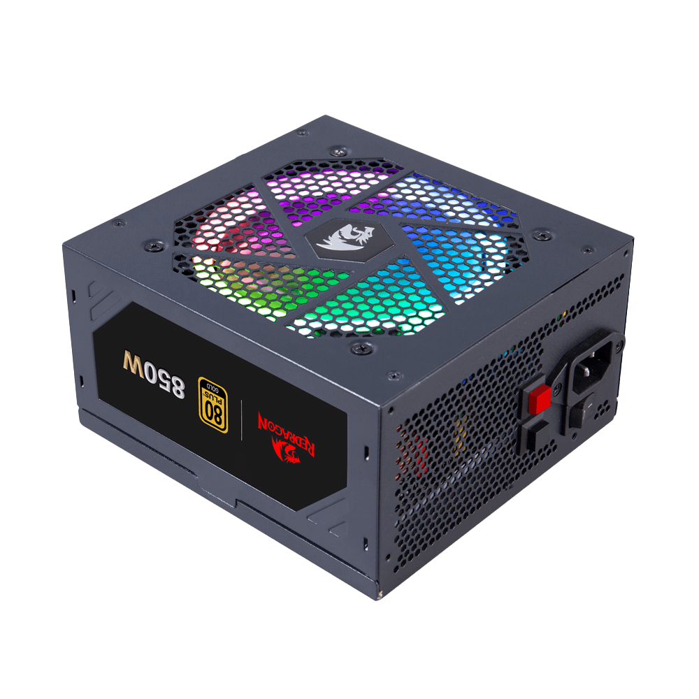 Redragon PSU007 80+ Emas 850 Watt ATX Bekalan Kuasa Modular Penuh dengan Pensijilan 80 Plus Emas, Saiz Kompak 160mm dan Kipas RGB Bunyi Rendah 0 RPM, 100% Kapasitor Jepun, Kabel Mod Penuh