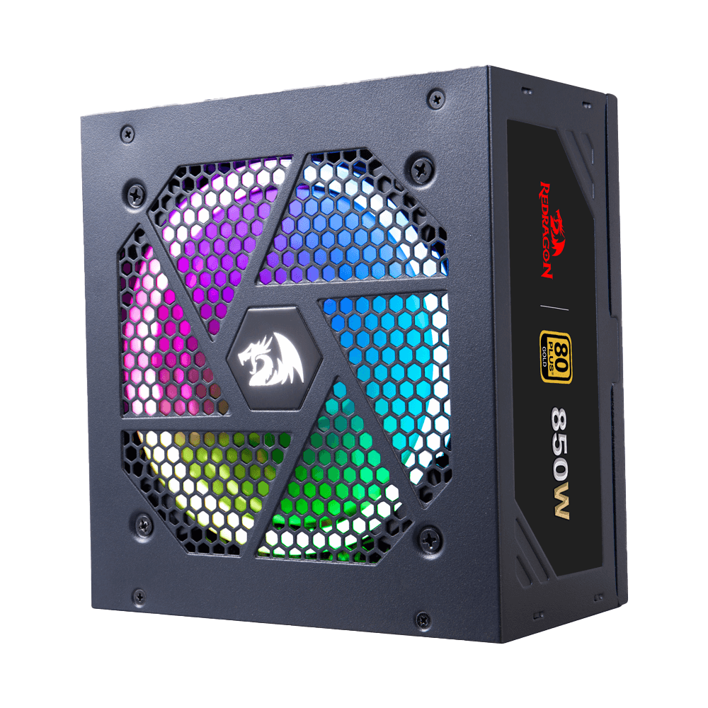 Redragon PSU007 80+ Emas 850 Watt ATX Bekalan Kuasa Modular Penuh dengan Pensijilan 80 Plus Emas, Saiz Kompak 160mm dan Kipas RGB Bunyi Rendah 0 RPM, 100% Kapasitor Jepun, Kabel Mod Penuh