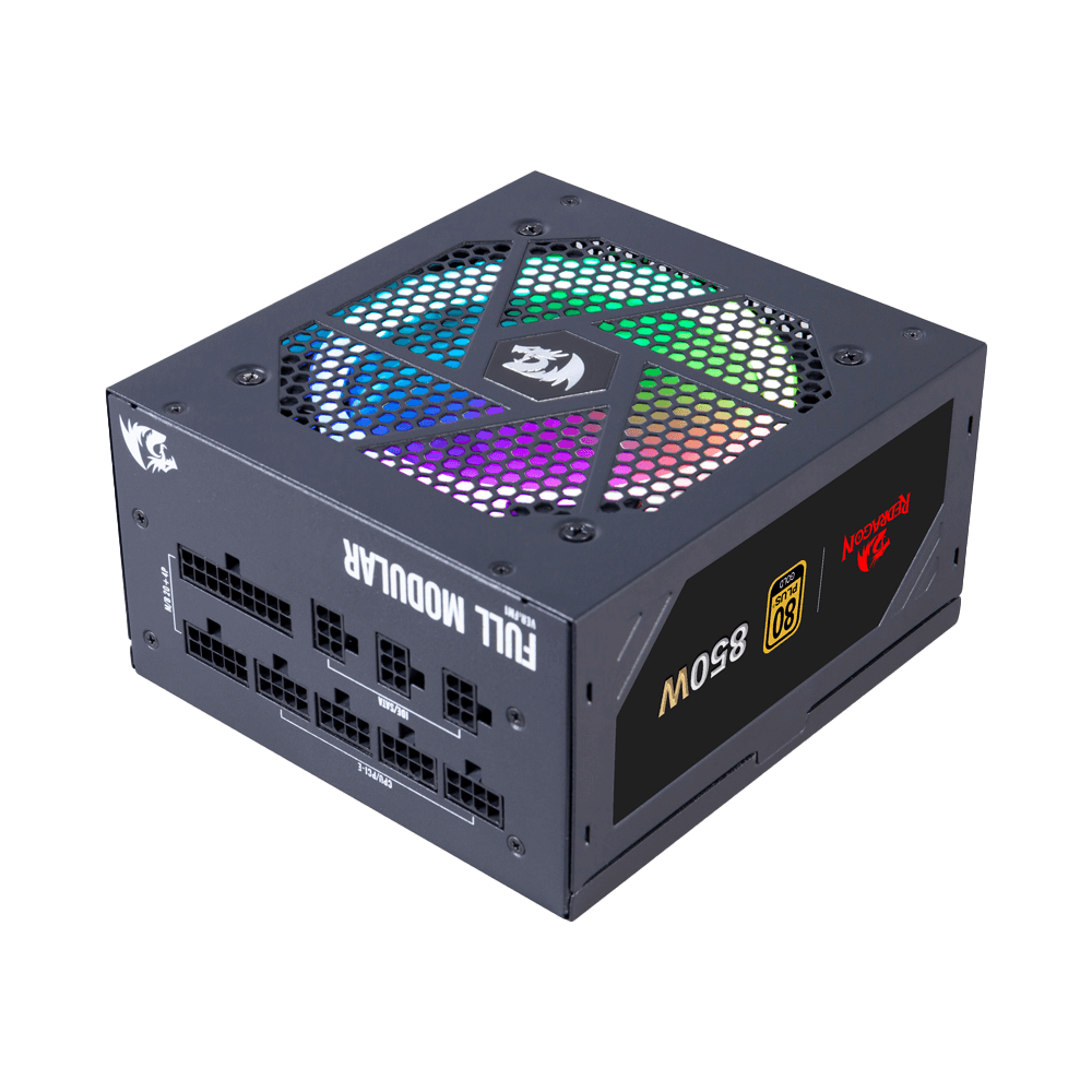 Redragon PSU007 80+ Emas 850 Watt ATX Bekalan Kuasa Modular Penuh dengan Pensijilan 80 Plus Emas, Saiz Kompak 160mm dan Kipas RGB Bunyi Rendah 0 RPM, 100% Kapasitor Jepun, Kabel Mod Penuh