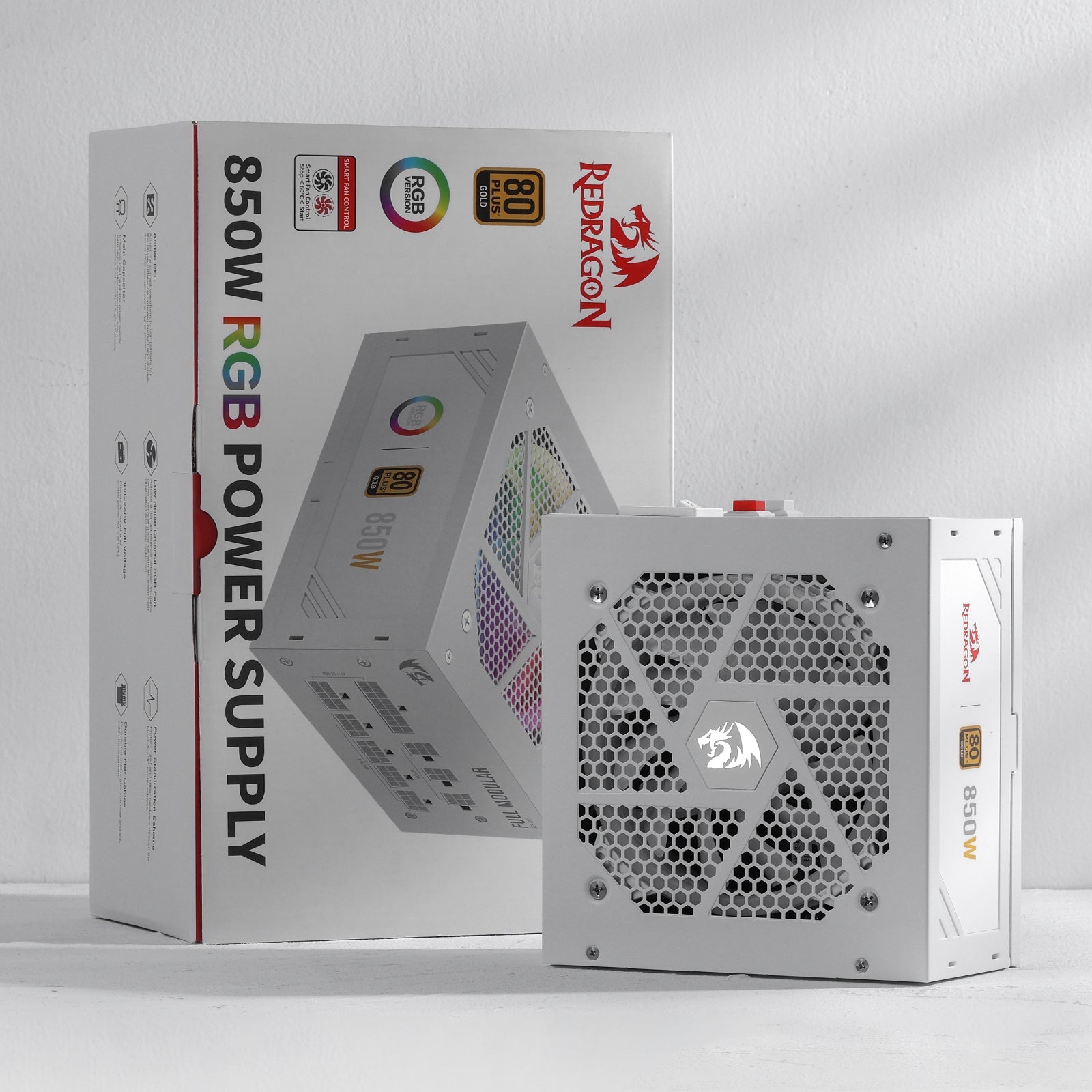 Redragon PSU007 80+ Gold 850 Watt ATX Bekalan Kuasa Modular Sepenuhnya dengan 80 Plus Gold Certified, Saiz Padat 160mm dan Kipas RGB Bunyi Rendah 0 RPM, 100% Kapasitor Jepun, Kabel Modular Penuh, Putih