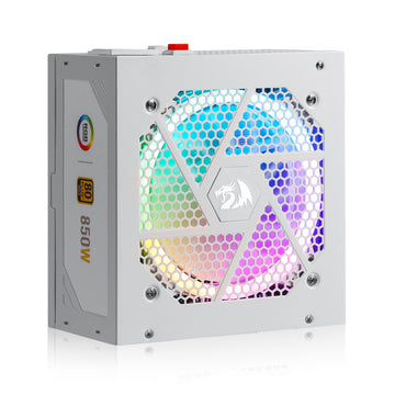 Redragon PSU007 80+ Gold 850 Watt ATX Bekalan Kuasa Modular Sepenuhnya dengan 80 Plus Gold Certified, Saiz Padat 160mm dan Kipas RGB Bunyi Rendah 0 RPM, 100% Kapasitor Jepun, Kabel Modular Penuh, Putih