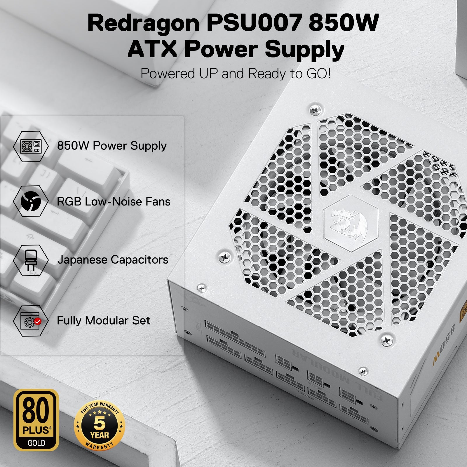 Redragon PSU007 80+ Gold 850 Watt ATX Bekalan Kuasa Modular Sepenuhnya dengan 80 Plus Gold Certified, Saiz Padat 160mm dan Kipas RGB Bunyi Rendah 0 RPM, 100% Kapasitor Jepun, Kabel Modular Penuh, Putih
