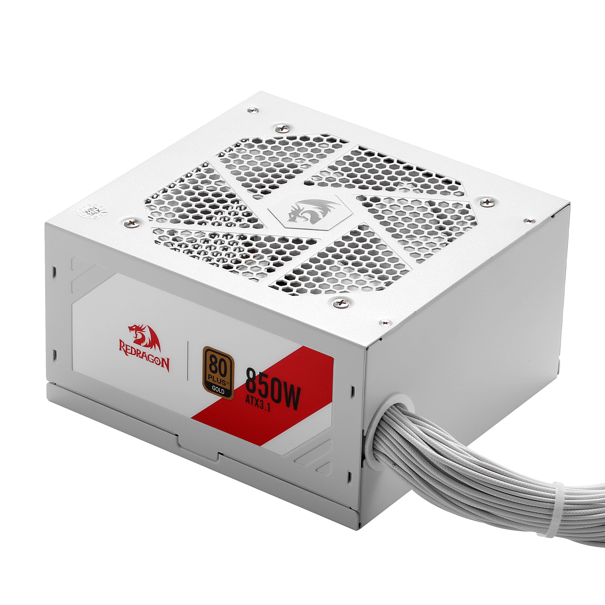 Redragon White power supply unit with red label on a black background