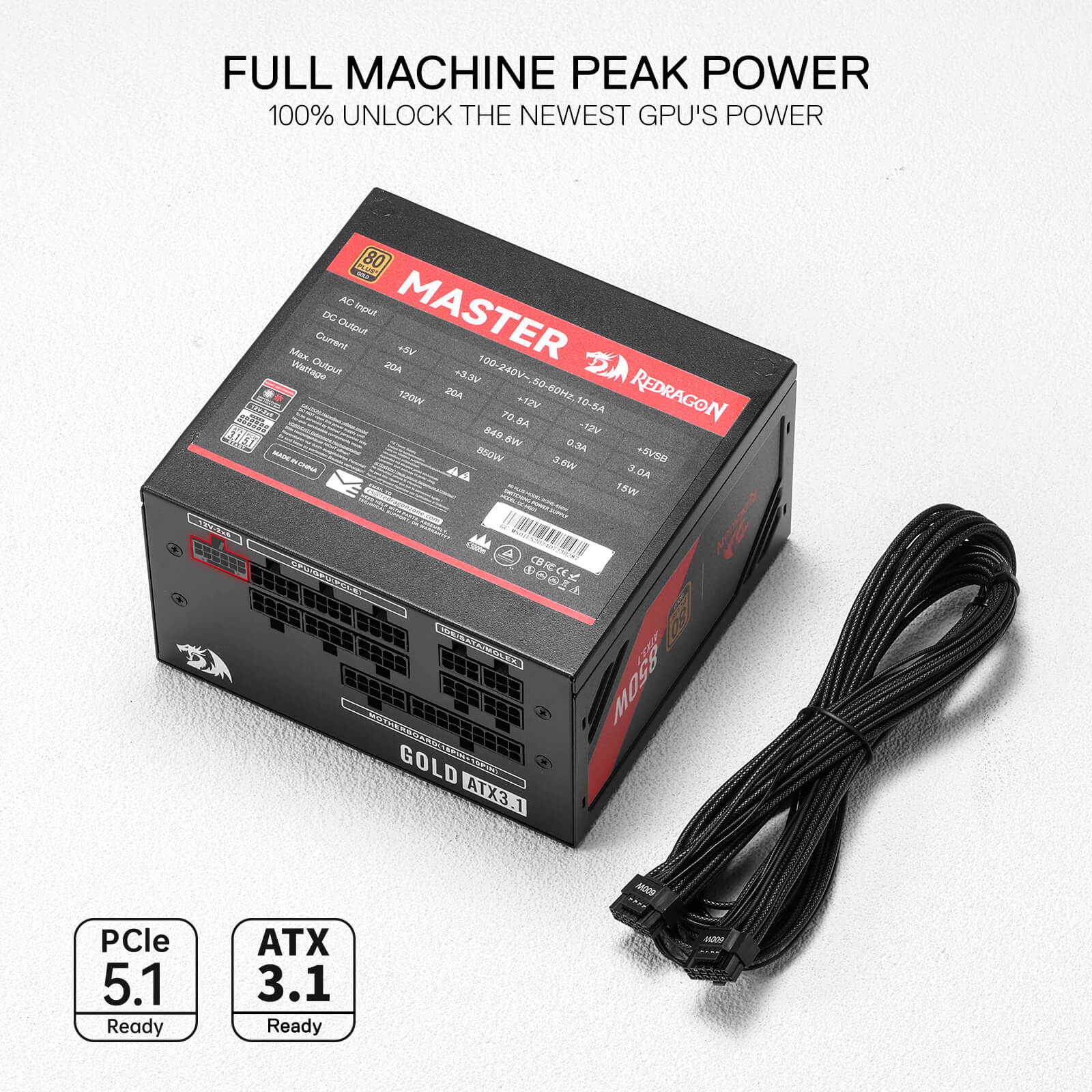 Redragon RGPS-850W PRO 80+ Gold 850 Watt Power Supply w/Upgraded ATX 3.1 & PCIe 5.1 Fully Modular, Compact 160mm Size, Smart ECO Low Noise Fan, 100% Japanese Capacitors, Full Mod Cables, black| show