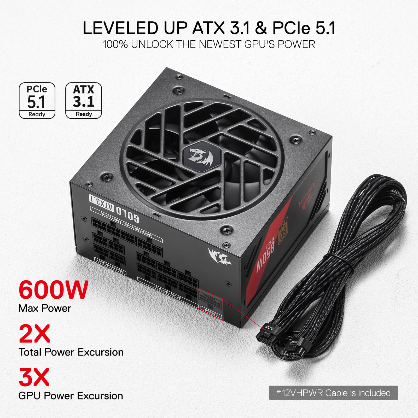Redragon RGPS-850W PRO 80+ Gold 850 Watt Power Supply w/Upgraded ATX 3.1 & PCIe 5.1 Fully Modular, Compact 160mm Size, Smart ECO Low Noise Fan, 100% Japanese Capacitors, Full Mod Cables, black| show