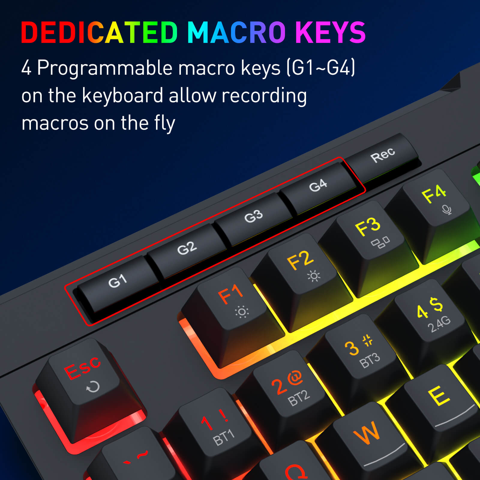 Keyboard with dedicated macro keys labeled G1-G4 on a dark background