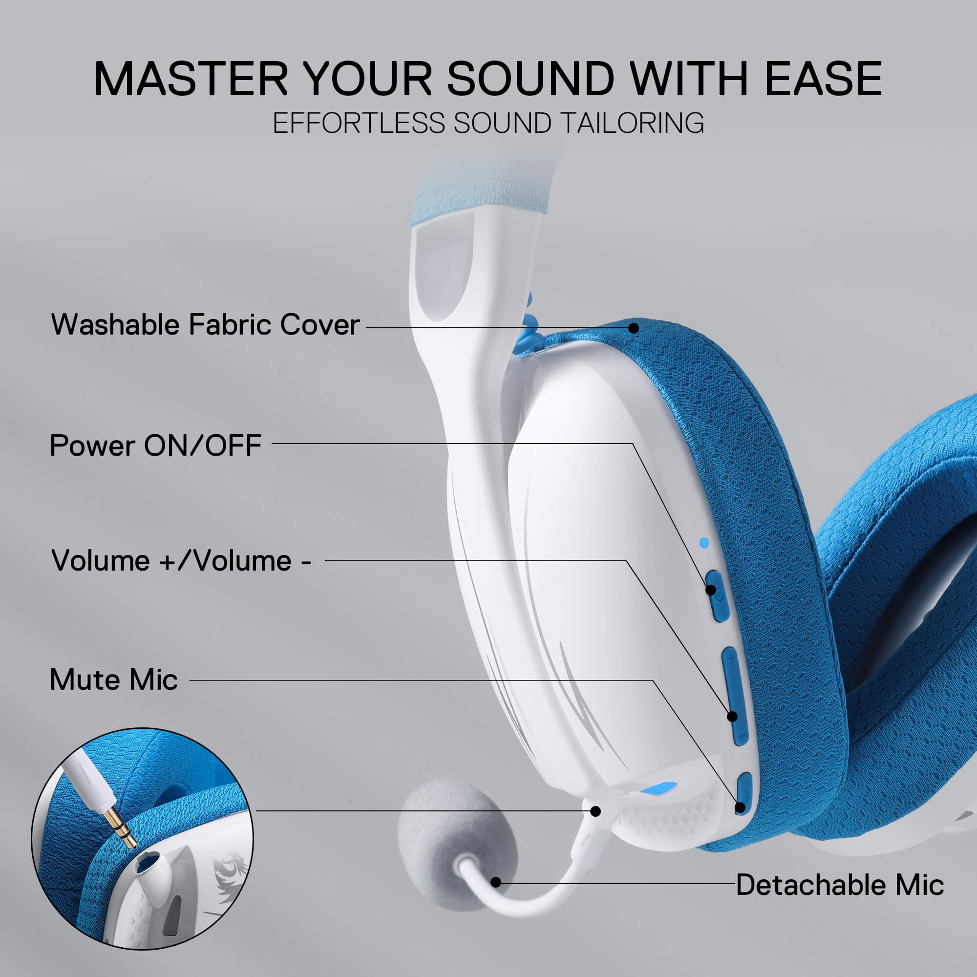Redragon H878 3-Mode Wireless Blue LED Gaming Headset, Lightweight, 7.1 Surround Sound, 40MM Drivers, Detachable Microphone, Multi Platforms for PC, PS5/4/3, Switch, Mobile