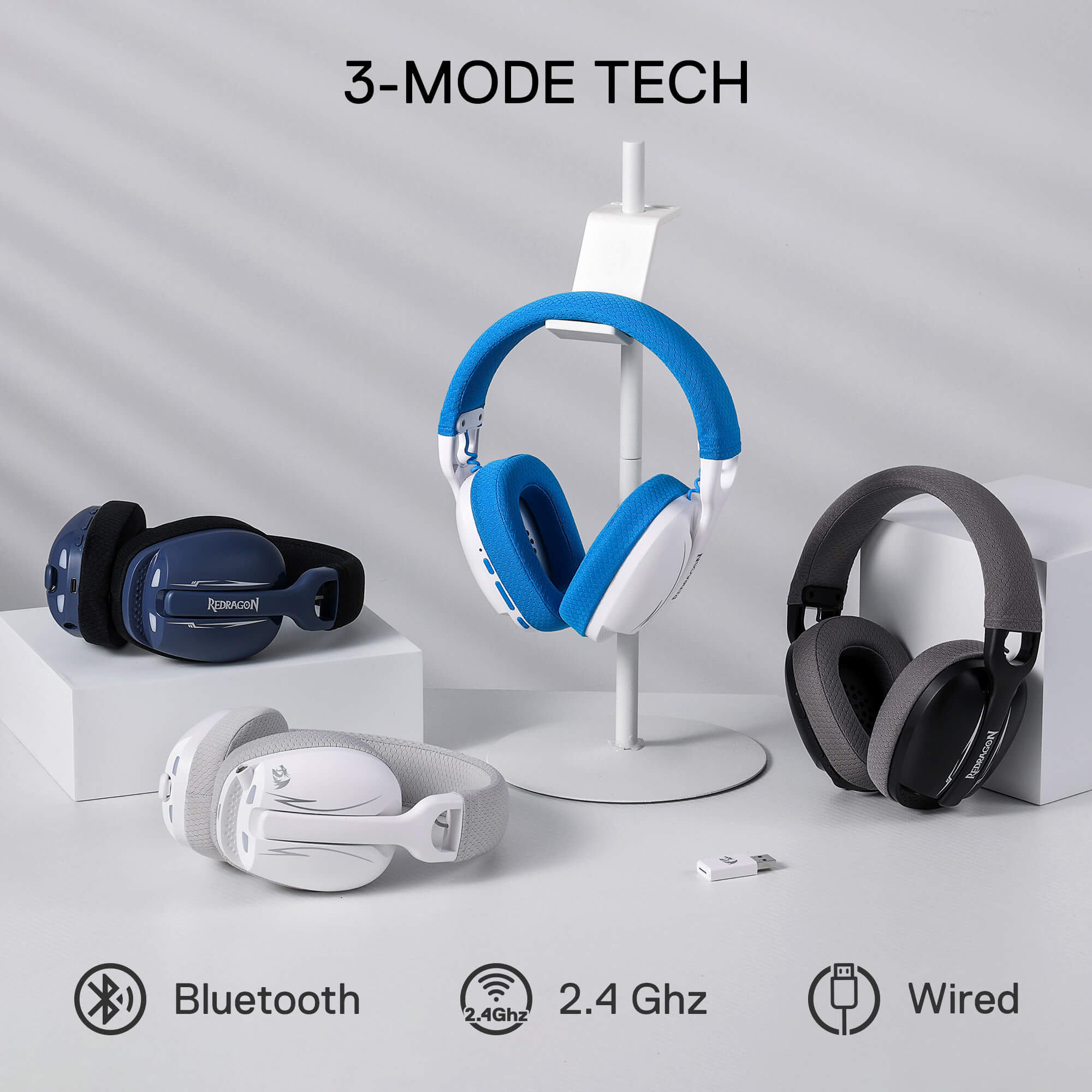 Redragon H878 3-Mode Wireless Blue LED Gaming Headset, Lightweight, 7.1 Surround Sound, 40MM Drivers, Detachable Microphone, Multi Platforms for PC, PS5/4/3, Switch, Mobile