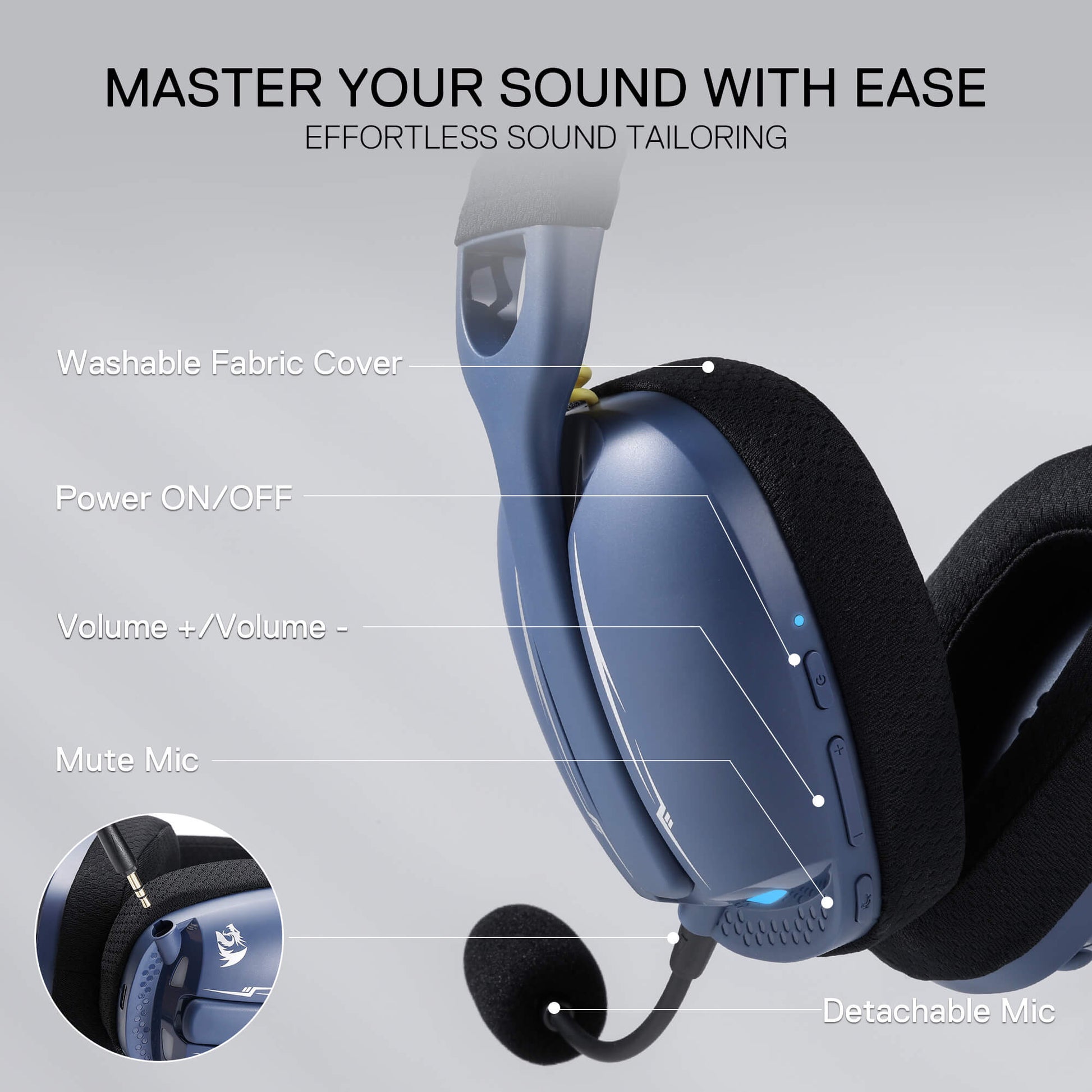 Redragon H878 3-Mode Wireless Blue LED Gaming Headset, Lightweight, 7.1 Surround Sound, 40MM Drivers, Detachable Microphone, Multi Platforms for PC, PS5/4/3, Switch, Mobile