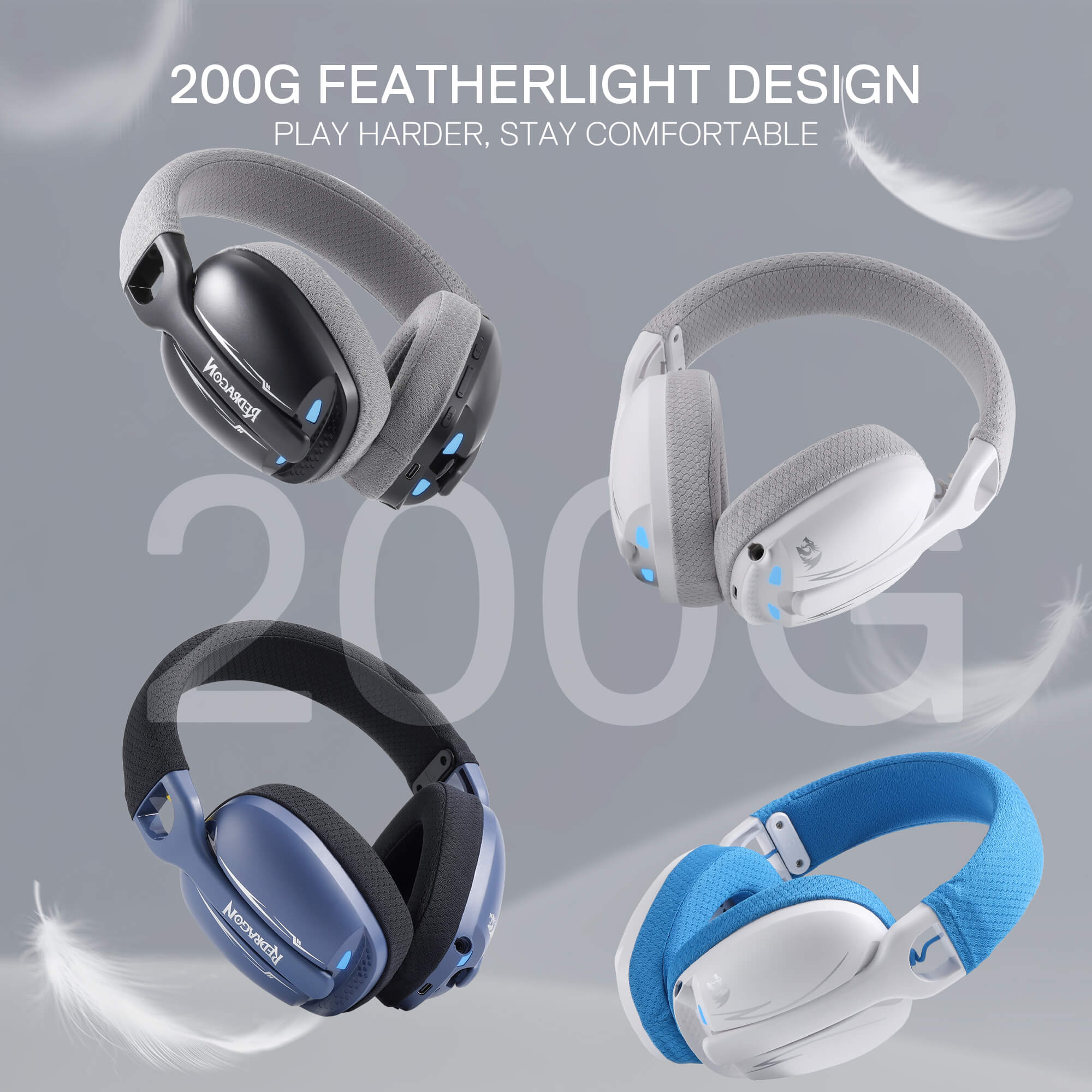 Redragon H878 3-Mode Wireless Blue LED Gaming Headset, Lightweight, 7.1 Surround Sound, 40MM Drivers, Detachable Microphone, Multi Platforms for PC, PS5/4/3, Switch, Mobile