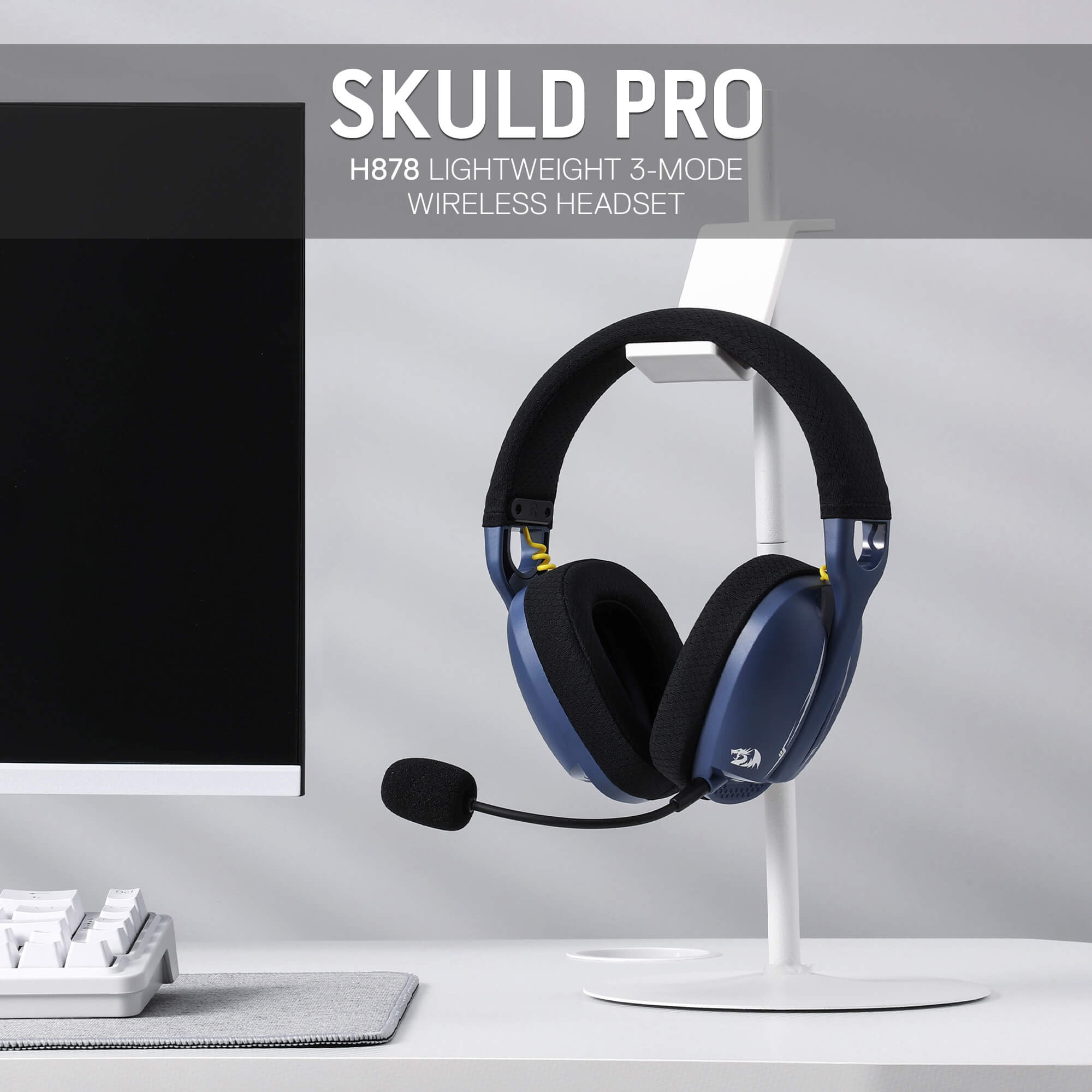 Redragon H878 3-Mode Wireless Blue LED Gaming Headset, Lightweight, 7.1 Surround Sound, 40MM Drivers, Detachable Microphone, Multi Platforms for PC, PS5/4/3, Switch, Mobile