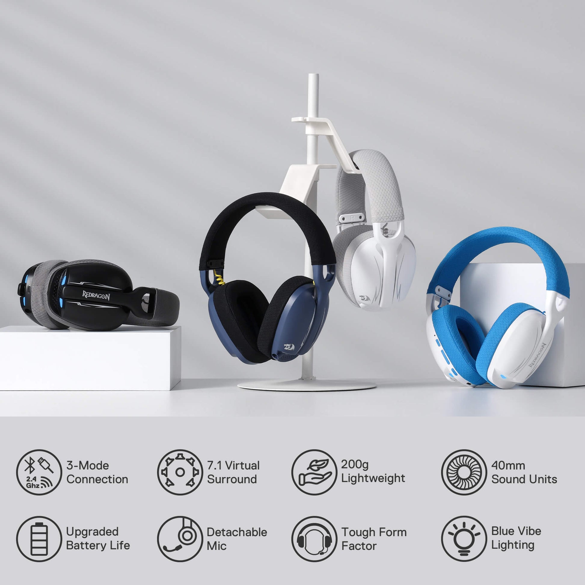 Redragon H878 3-Mode Wireless Blue LED Gaming Headset, Lightweight, 7.1 Surround Sound, 40MM Drivers, Detachable Microphone, Multi Platforms for PC, PS5/4/3, Switch, Mobile