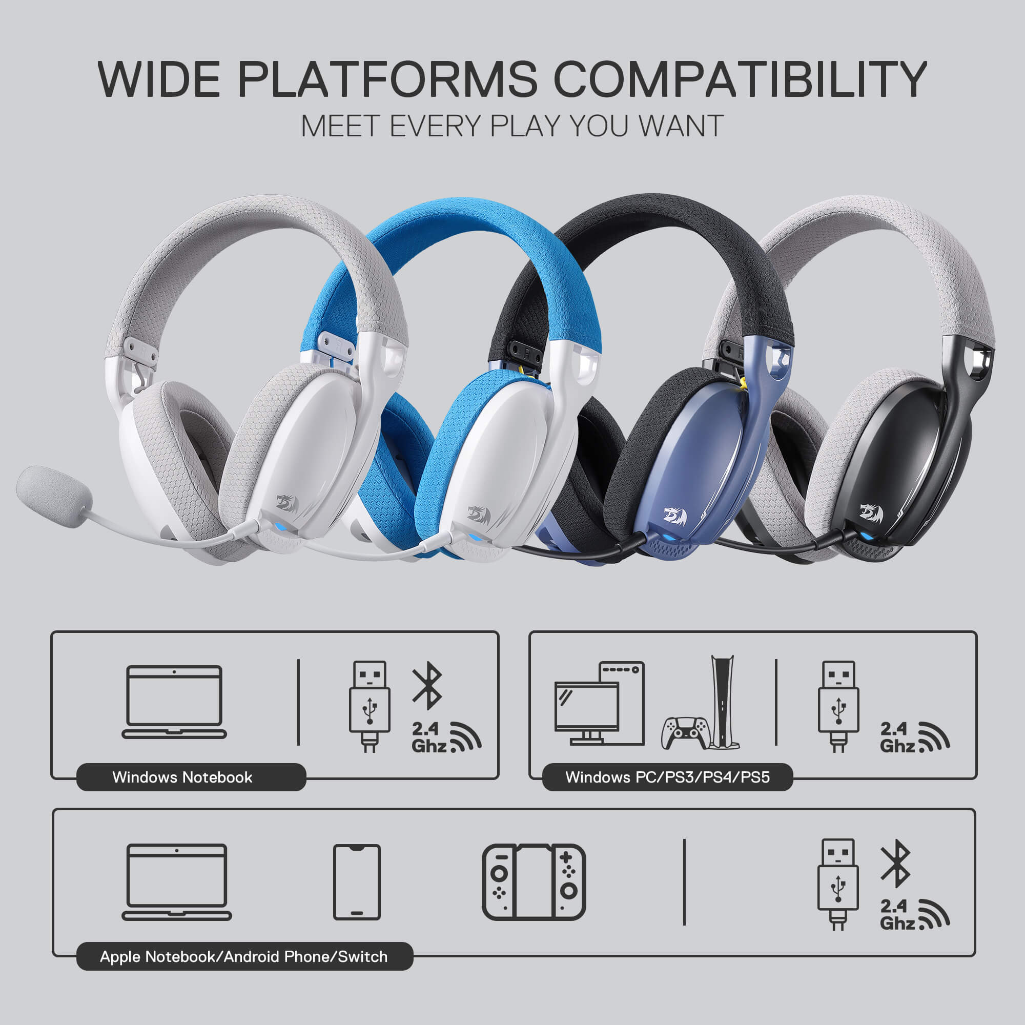 Redragon H878 3-Mode Wireless Blue LED Gaming Headset, Lightweight, 7.1 Surround Sound, 40MM Drivers, Detachable Microphone, Multi Platforms for PC, PS5/4/3, Switch, Mobile