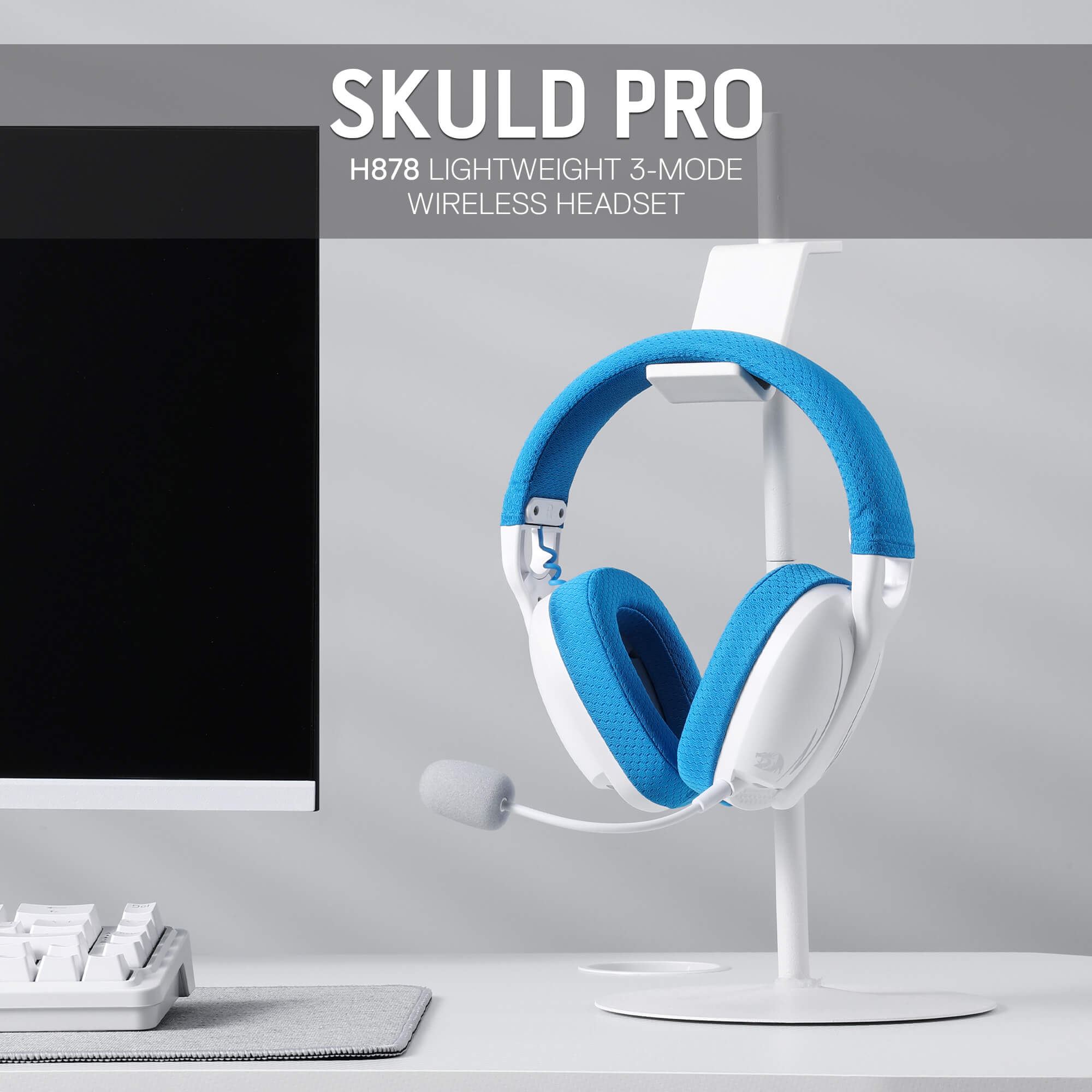 Redragon H878 3-Mode Wireless Blue LED Gaming Headset, Lightweight, 7.1 Surround Sound, 40MM Drivers, Detachable Microphone, Multi Platforms for PC, PS5/4/3, Switch, Mobile