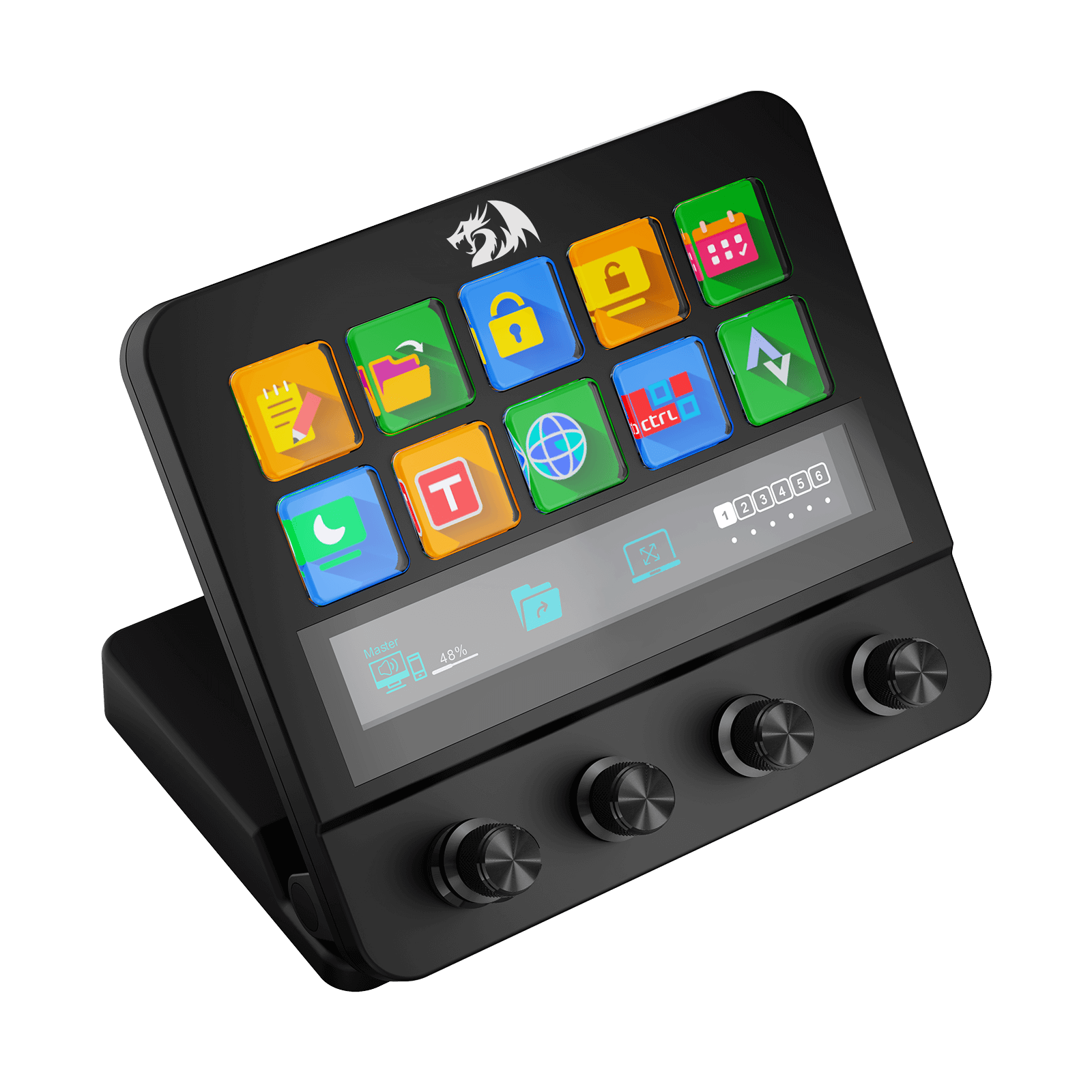 Black electronic device with colorful app icons on a black background
