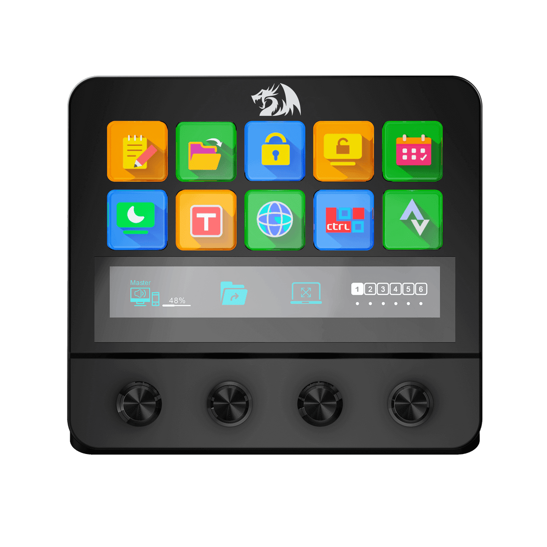 Black electronic device with colorful app icons on a black background