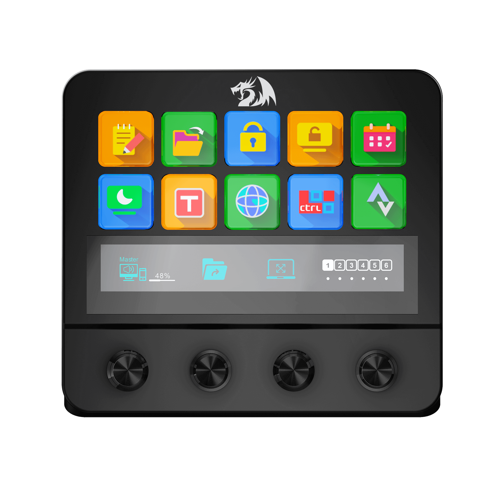 Control panel with digital display and icon buttons on a black background