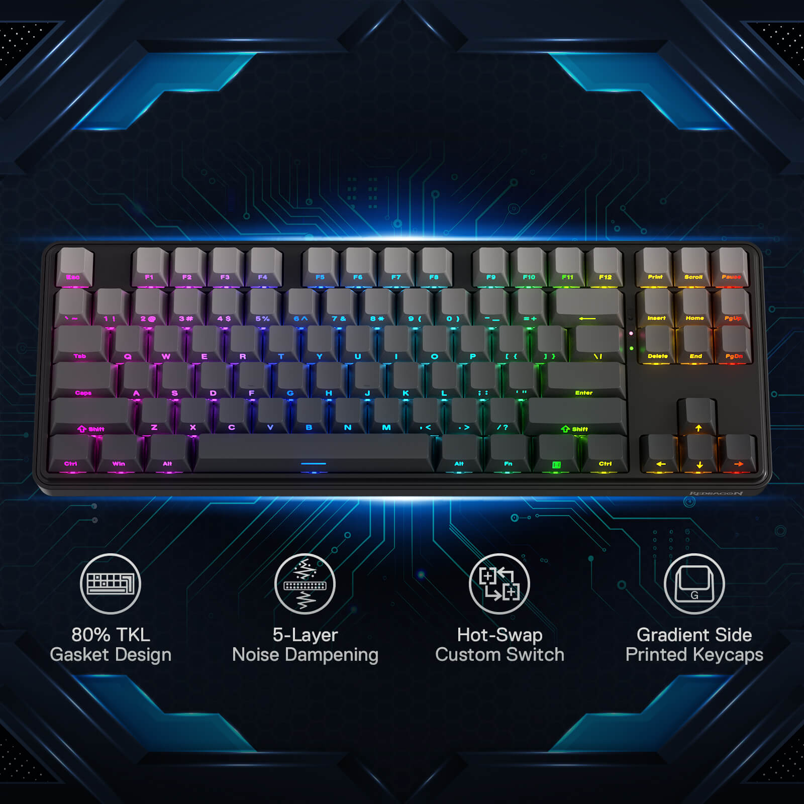 Redragon K707 PRO 80% Wireless Mechanical Gaming Keyboard, Gasket-Mount TKL with Tri-Mode Connectivity (USB-C, Bluetooth 3.0/5.0, 2.4GHz), Custom Mint Mambo Linear Switches, 5-Layer Noise Dampening, Side-Printed Black Gradient PBT Keycaps, RGB Backlit