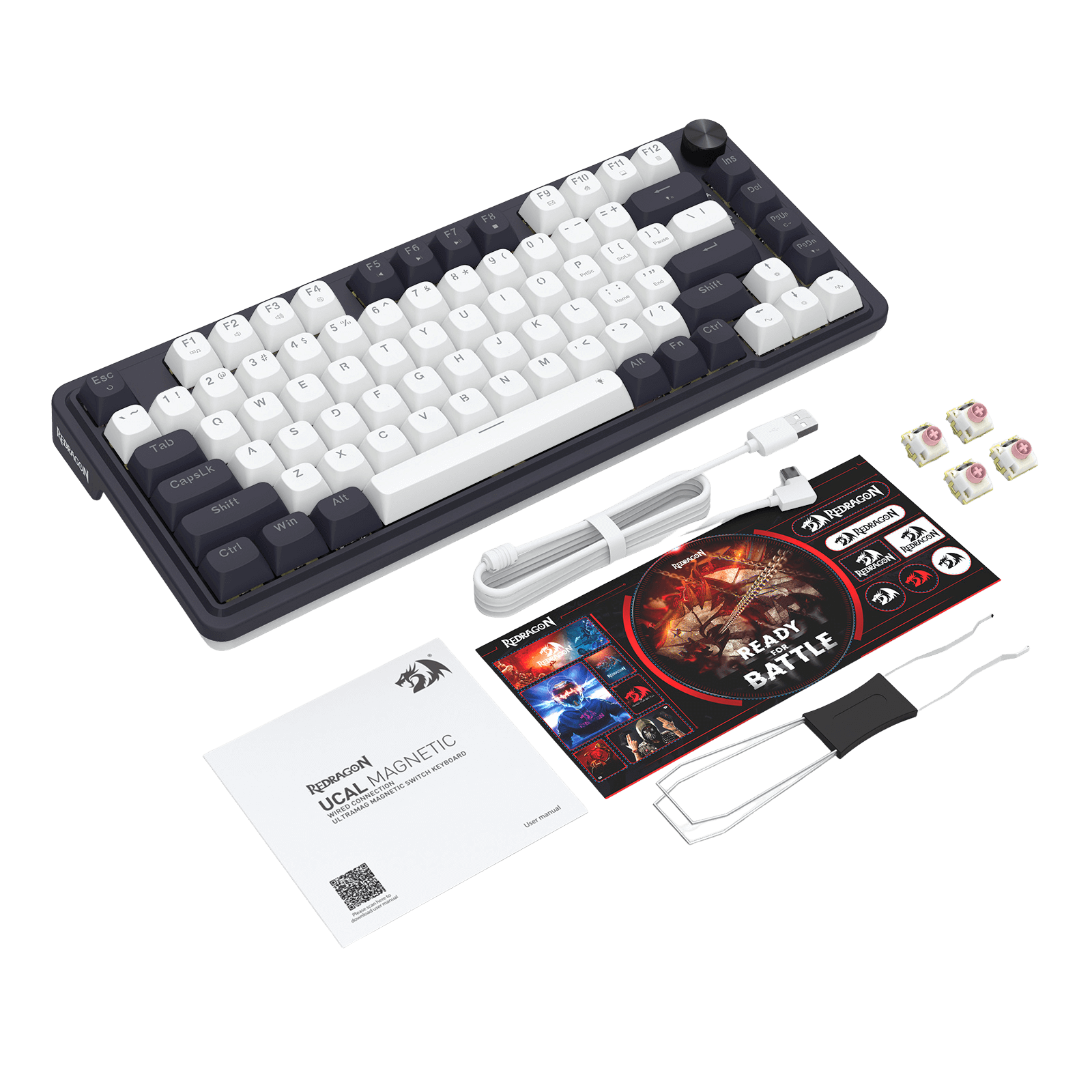Mechanical keyboard kit with keycaps, wrist rest, and accessories on a black background