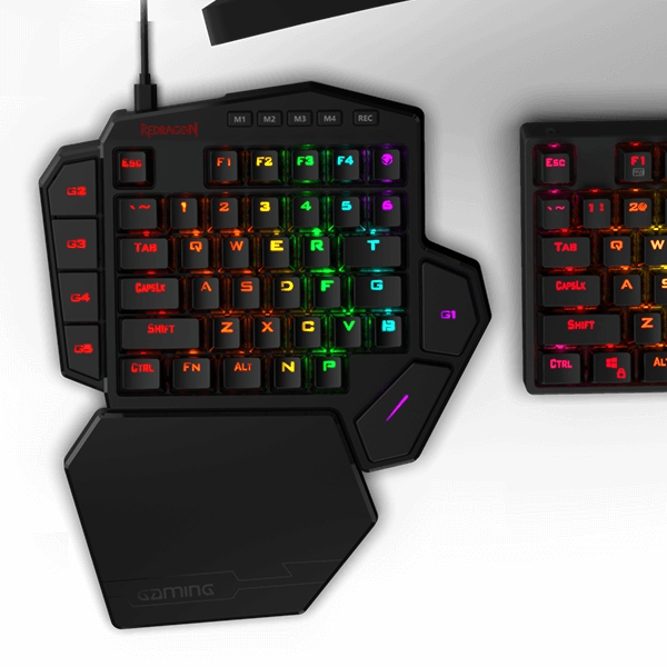 Papan Kekunci Permainan Mekanikal RGB Satu Tangan Redragon K585 DITI, Suis Biru, Pad Kekunci Permainan Profesional dengan 7 Kekunci Makro Onboard, Tempat Rehat Pergelangan Tangan Boleh Tanggal, 42 Kekunci