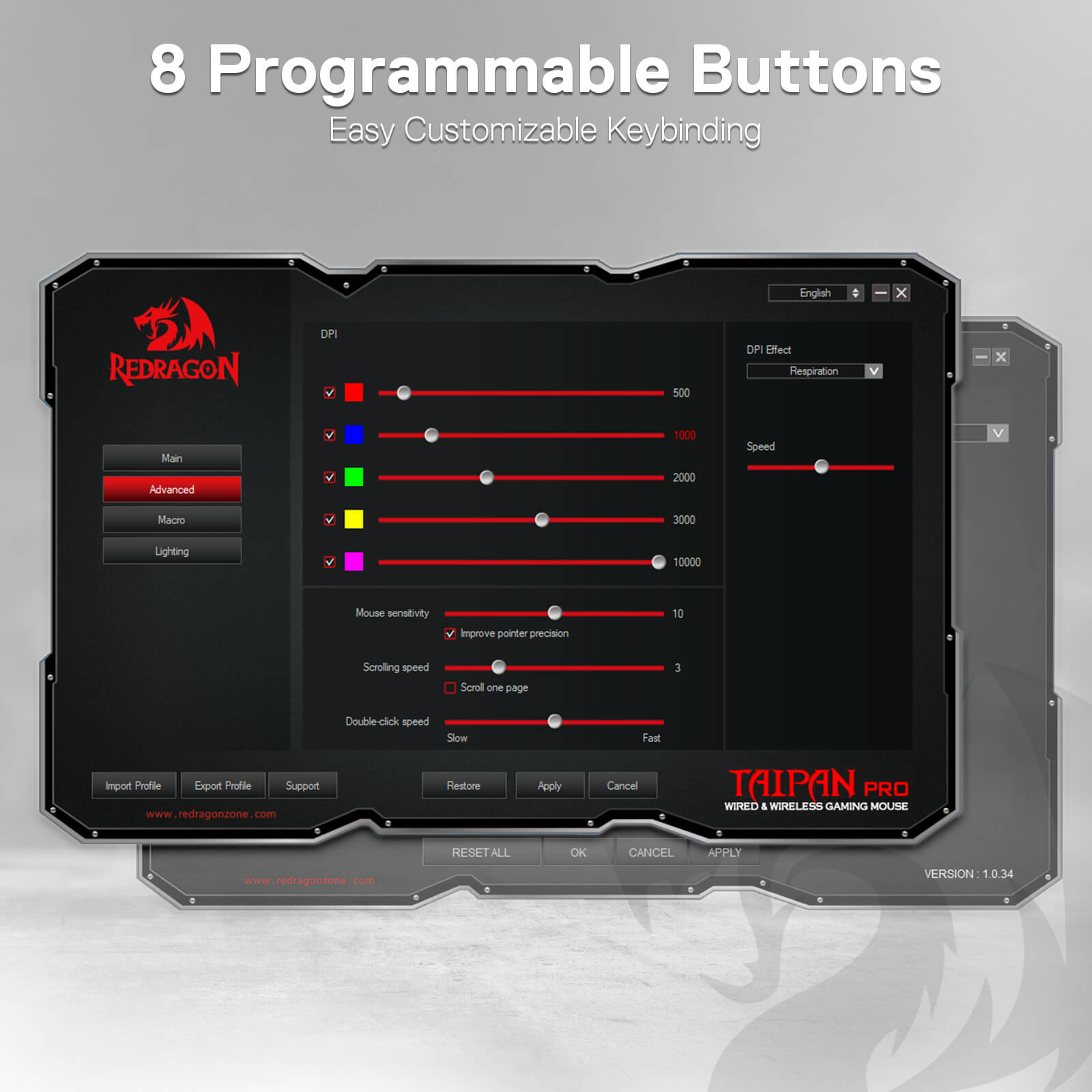 Tetikus Permainan Wayarles Redragon M810 Pro, Tetikus Gamer Berwayar/Wayarles 10000 DPI dengan Kekunci Tembakan Pantas, 8 Butang Makro, Kapasiti Kuasa Tahan Lama 45 Jam dan Lampu Latar RGB untuk PC/Mac/Laptop