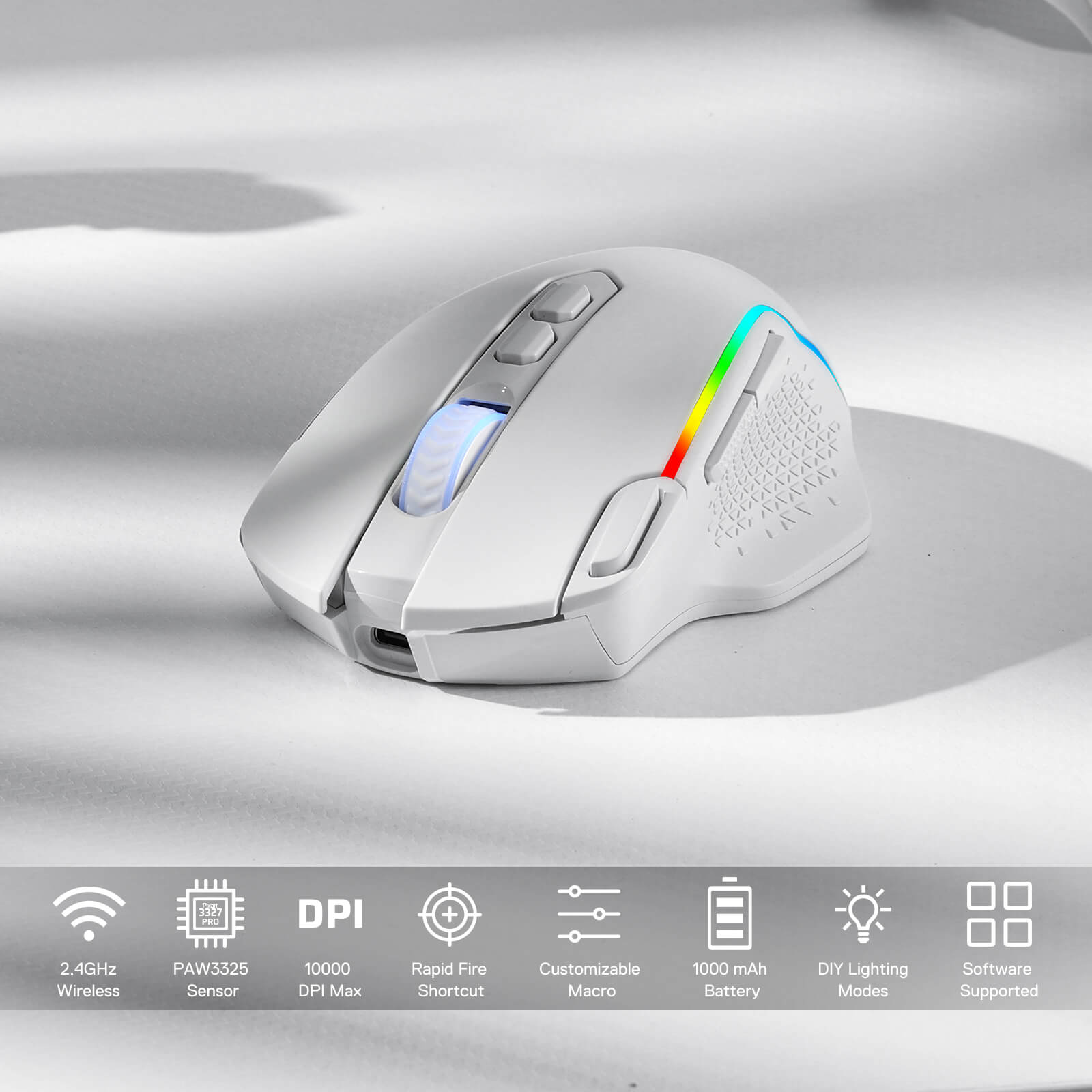 Tetikus Permainan Wayarles Redragon M810 Pro, Tetikus Gamer Berwayar/Wayarles 10000 DPI dengan Kekunci Tembakan Pantas, 8 Butang Makro, Kapasiti Kuasa Tahan Lama 45 Jam dan Lampu Latar RGB untuk PC/Mac/Laptop