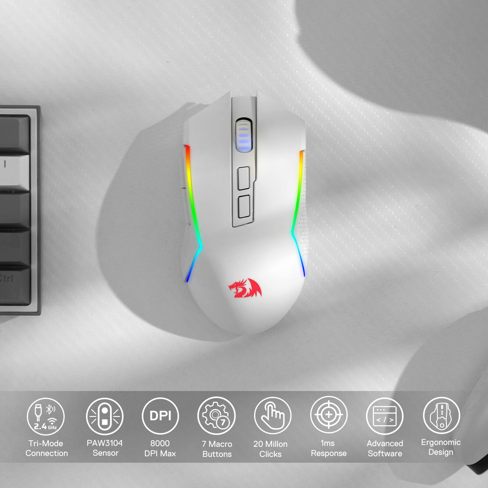 Redragon M693 Tetikus Permainan Bluetooth Wayarles, Tetikus Gamer Berwayar/Wayarles 8000 DPI dengan Sambungan 3-Mod, BT & Wayarles 2.4G, 7 Butang Makro, Kapasiti Kuasa Tahan Lama dan Lampu Latar RGB untuk PC/Mac/Komputer Riba