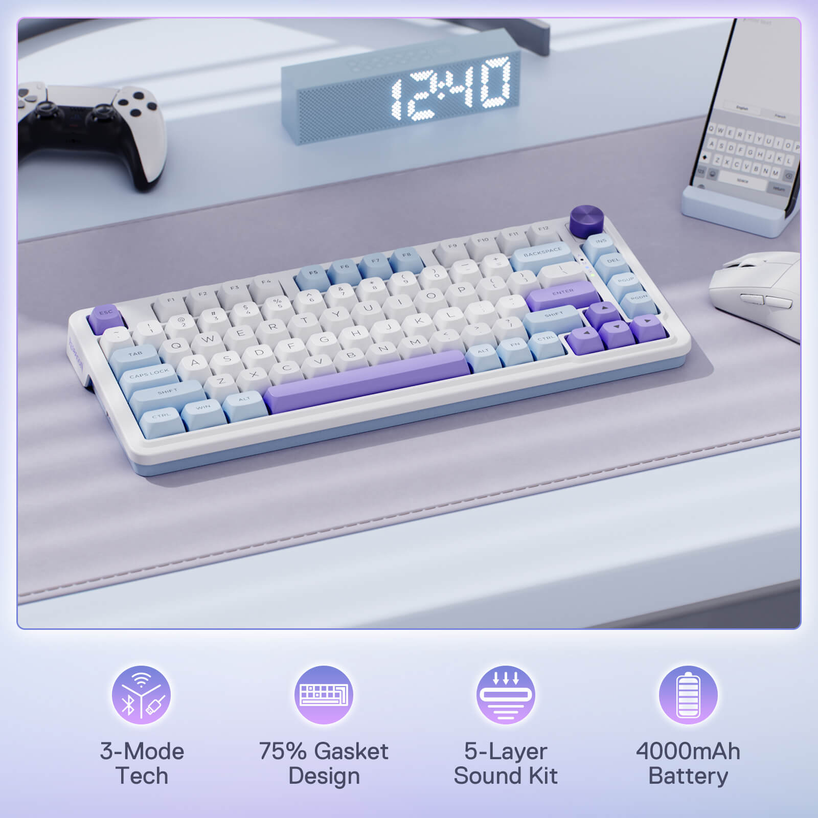 Redragon UCAL MAX K673 MOA Keycaps 75% 81 PBT Keys Hot-Swappable Gaming Keyboard in Moonrise Violet