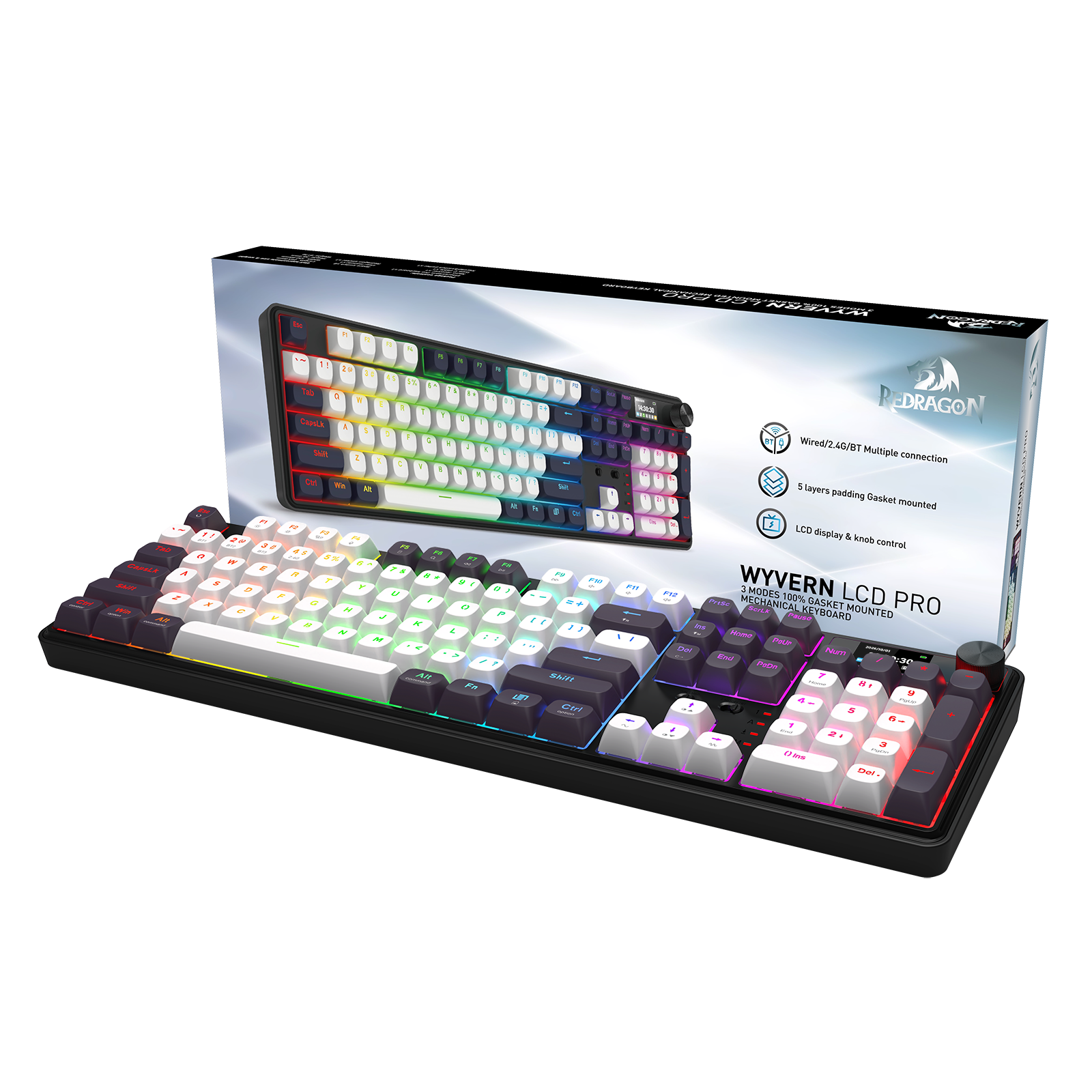 Redragon K761WB-RGB-PRO Papan Kekunci Mekanikal 104 Gasket 3 Mod dengan Paparan LCD