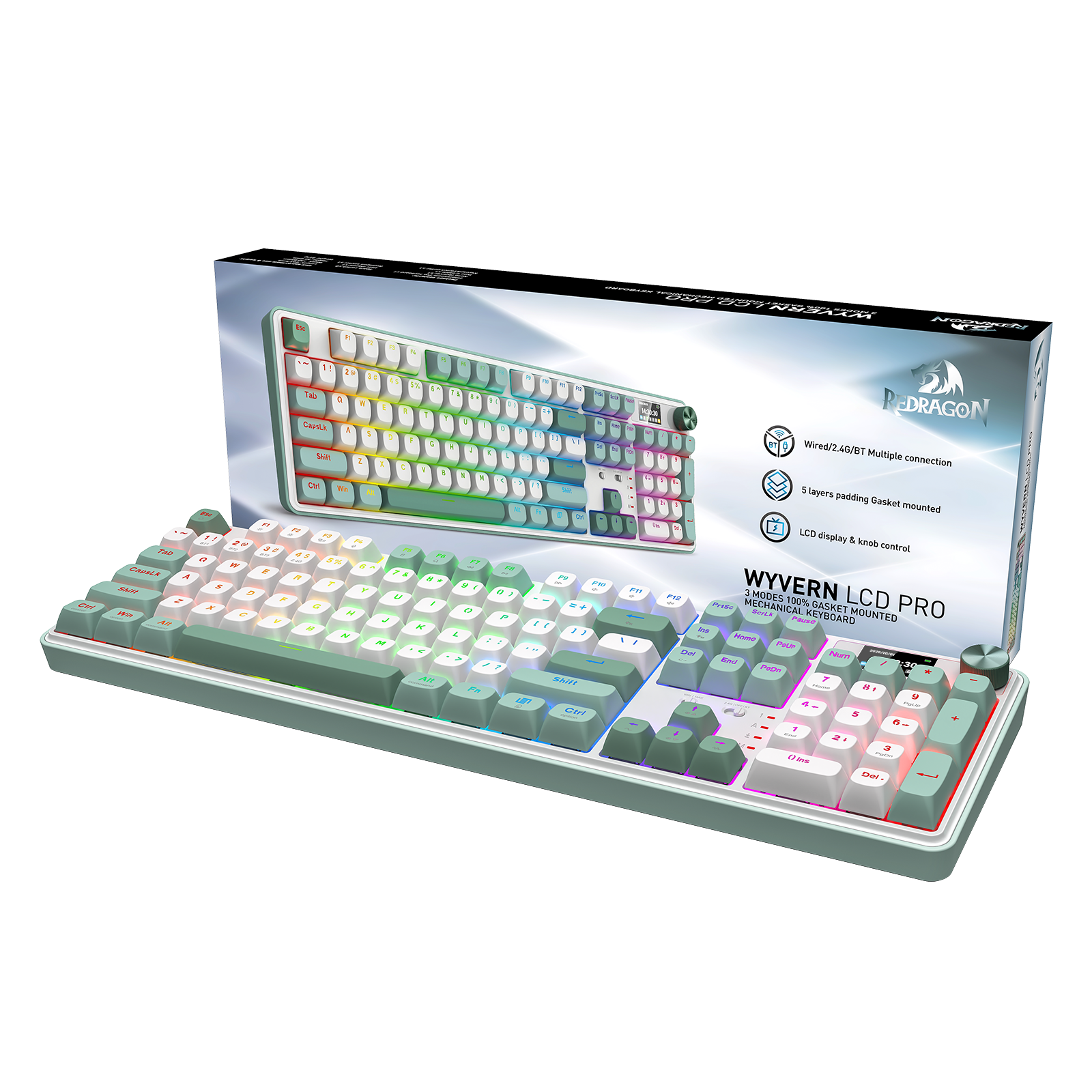 Papan Kekunci Mekanikal Gasket 104 Mod 3 dengan Paparan LCD Redragon K761WG-RGB-PRO