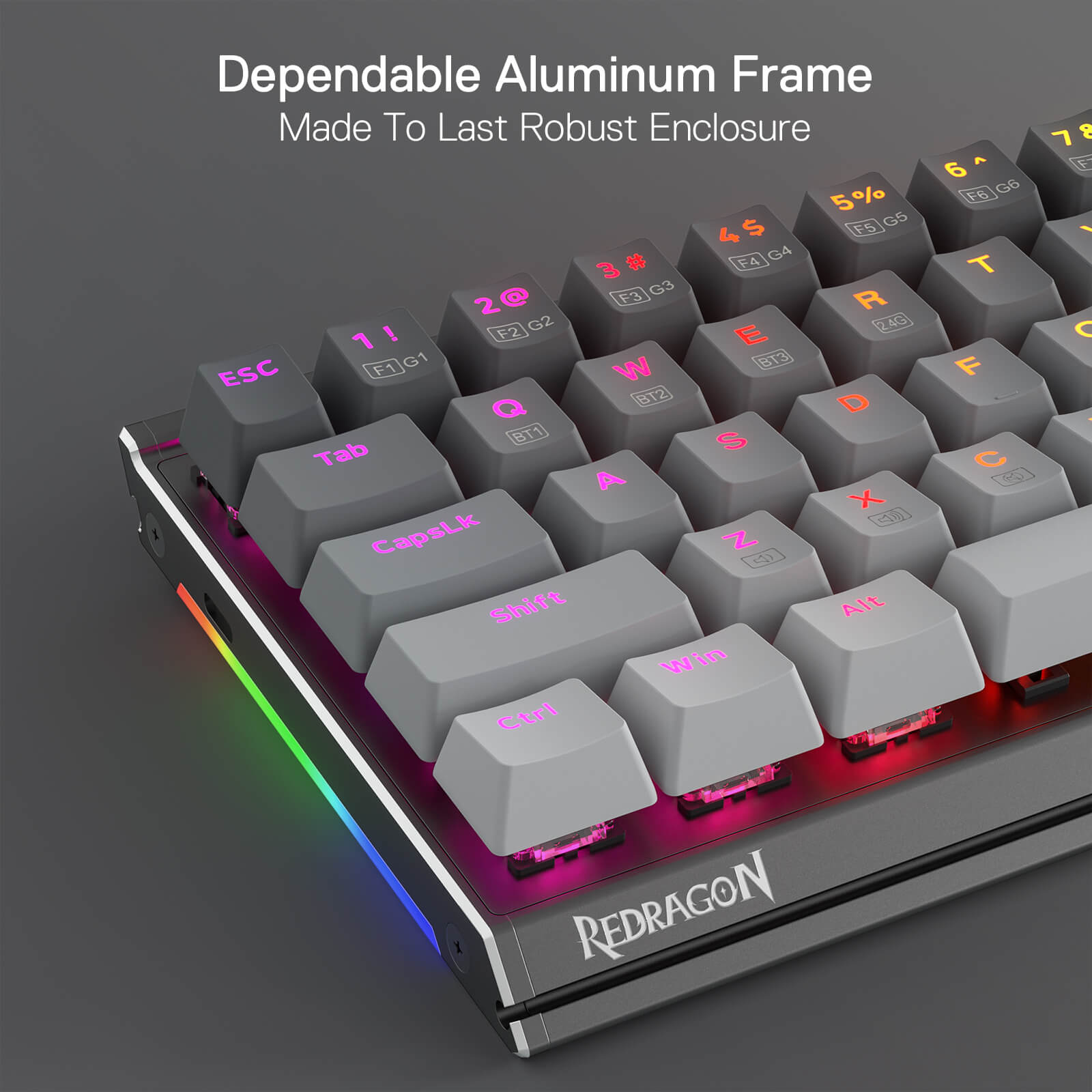 Papan Kekunci Mekanikal RGB Aluminium 65% Redragon K641, Papan Kekunci Permainan Kompak Berwayar 68 Kekunci dengan Buih Penyerap Bunyi 3.5mm, Tempat Letak Pergelangan Tangan Boleh Tanggal, Tutup Kekunci Gradien, Soket Hot-Swap yang Dinaik Taraf