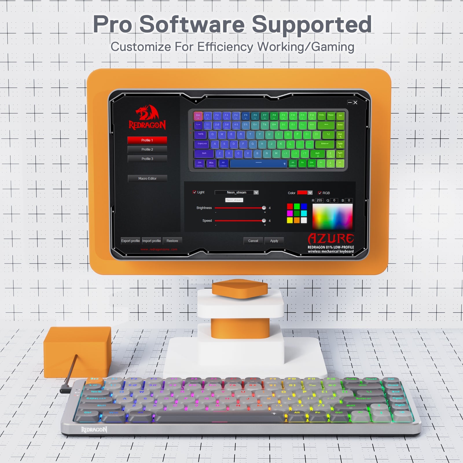 Papan Kekunci Mekanikal RGB Wayarles Redragon K652 75%, Papan Kekunci Permainan Ultra Nipis 84 Kekunci Tiga Mod Bluetooth/2.4Ghz/Berwayar dengan Plat Atas Aluminium, Sistem Win/Mac 100% Disokong & Suis Profil Rendah