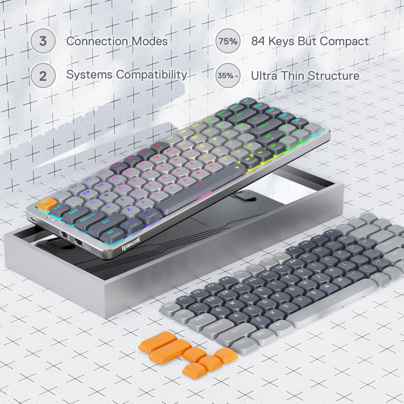 Papan Kekunci Mekanikal RGB Wayarles Redragon K652 75%, Papan Kekunci Permainan Ultra Nipis 84 Kekunci Tiga Mod Bluetooth/2.4Ghz/Berwayar dengan Plat Atas Aluminium, Sistem Win/Mac 100% Disokong & Suis Profil Rendah