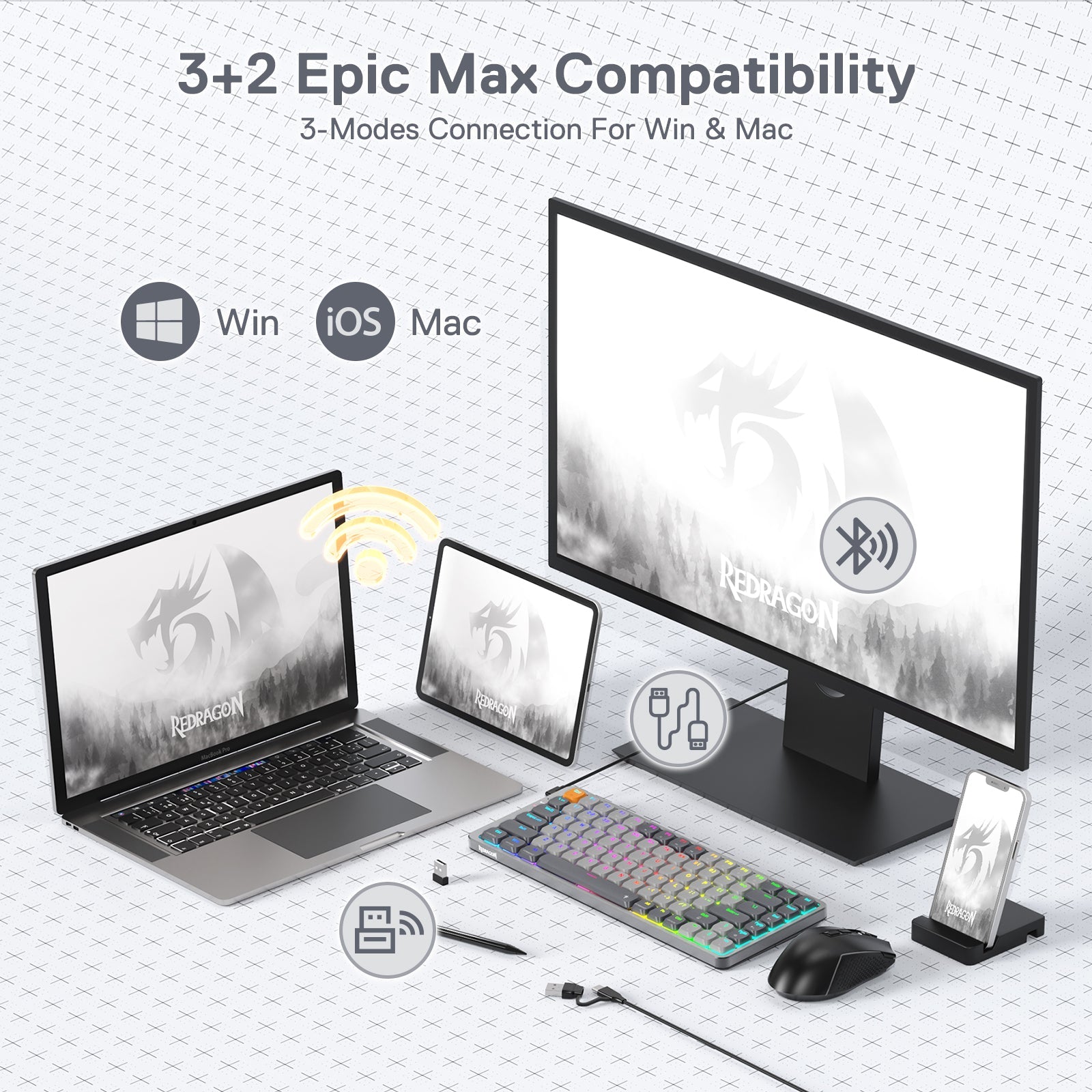 Papan Kekunci Mekanikal RGB Wayarles Redragon K652 75%, Papan Kekunci Permainan Ultra Nipis 84 Kekunci Tiga Mod Bluetooth/2.4Ghz/Berwayar dengan Plat Atas Aluminium, Sistem Win/Mac 100% Disokong & Suis Profil Rendah