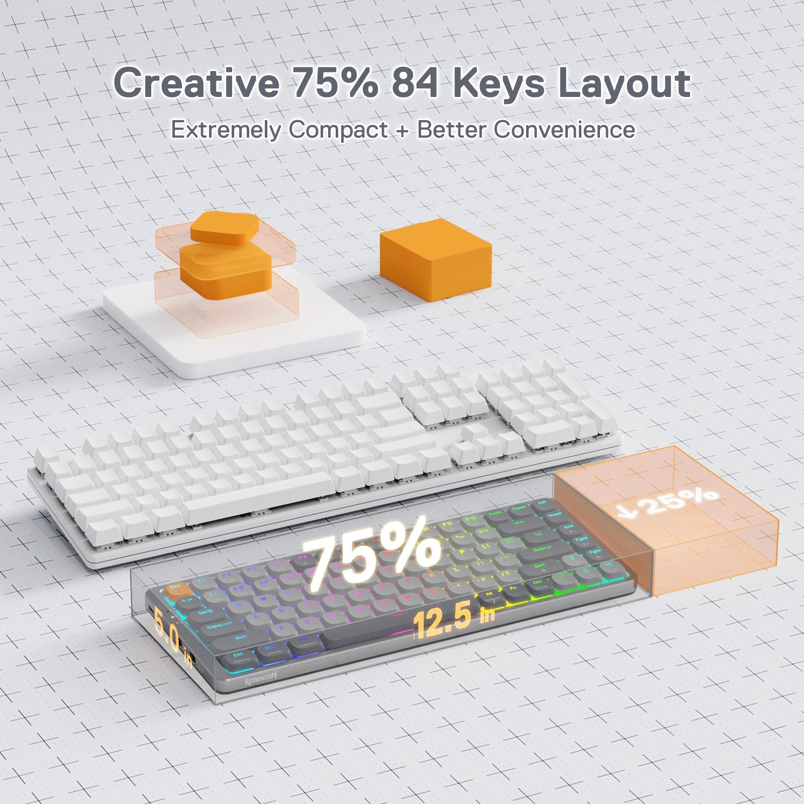 Papan Kekunci Mekanikal RGB Wayarles Redragon K652 75%, Papan Kekunci Permainan Ultra Nipis 84 Kekunci Tiga Mod Bluetooth/2.4Ghz/Berwayar dengan Plat Atas Aluminium, Sistem Win/Mac 100% Disokong & Suis Profil Rendah